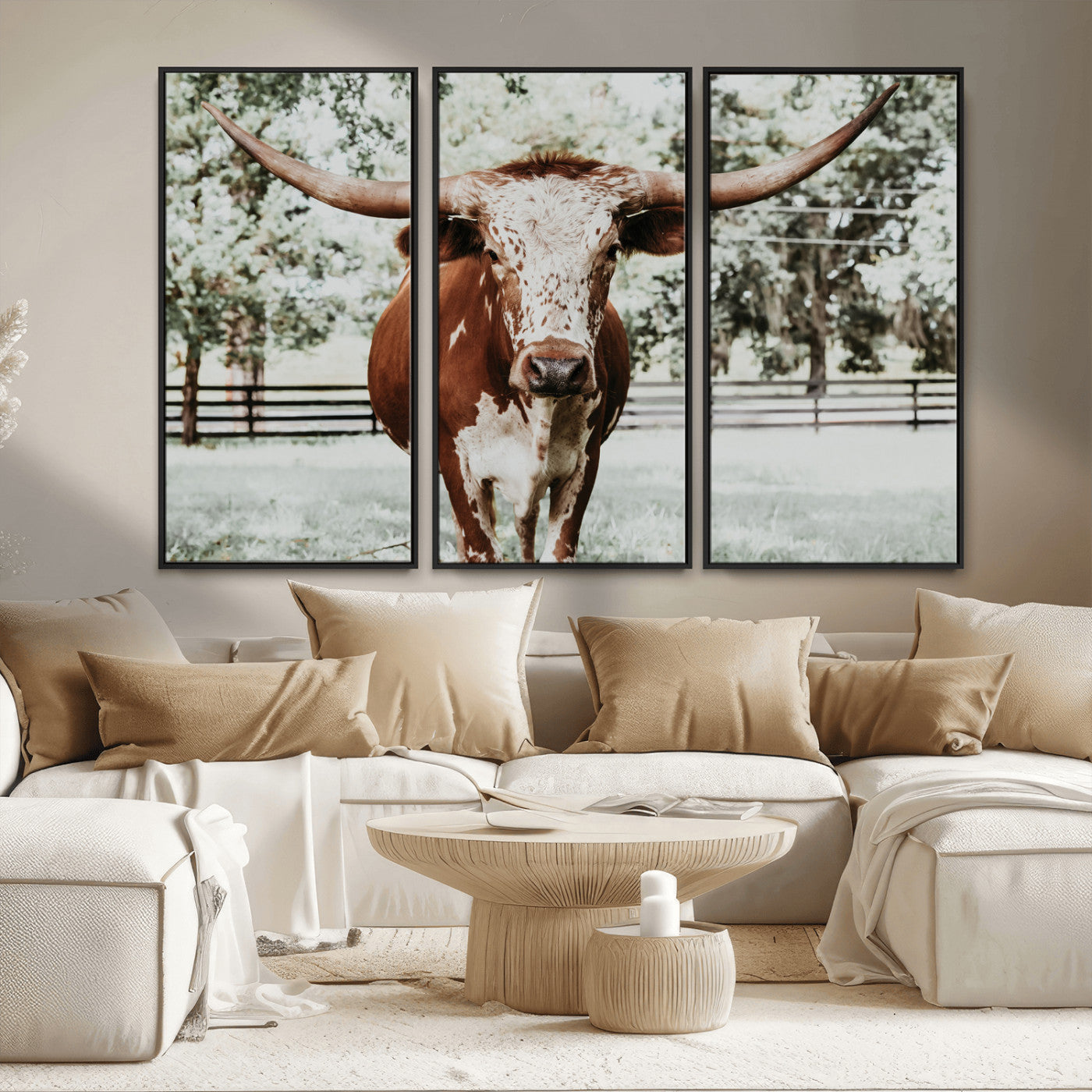 MGV-FC-48X32-3P - Texas Longhorn Wall Art Canvas Print, Framed Spotted Cow Art Picture Print, Horned Cattle Perfect Rustic Western Decor Artwork