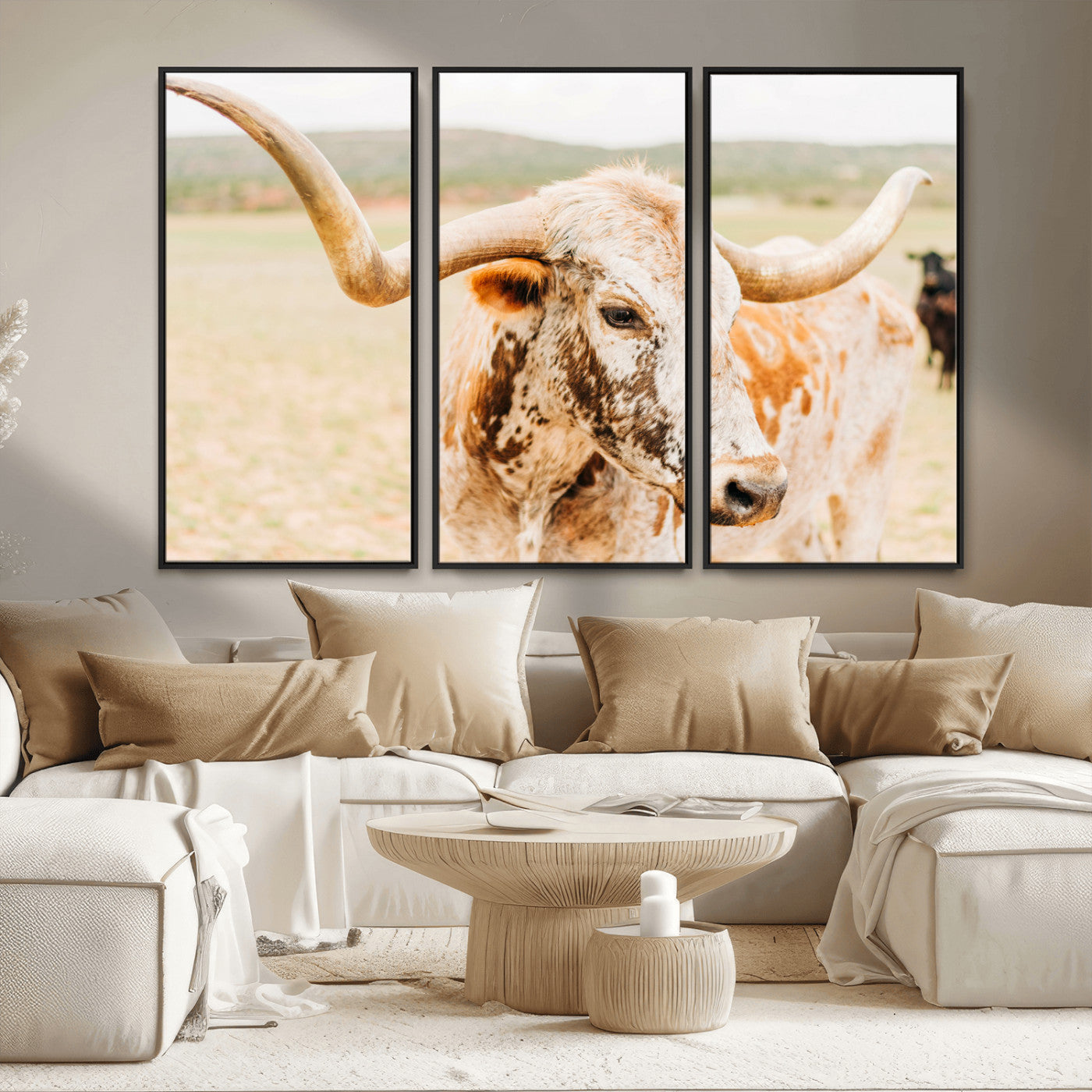 MGV-FC-48X32-3P - Texas Longhorn Wall Art Canvas Print, Framed Spotted Cow Art Picture Print, Horned Cattle Perfect Rustic Western Decor Artwork