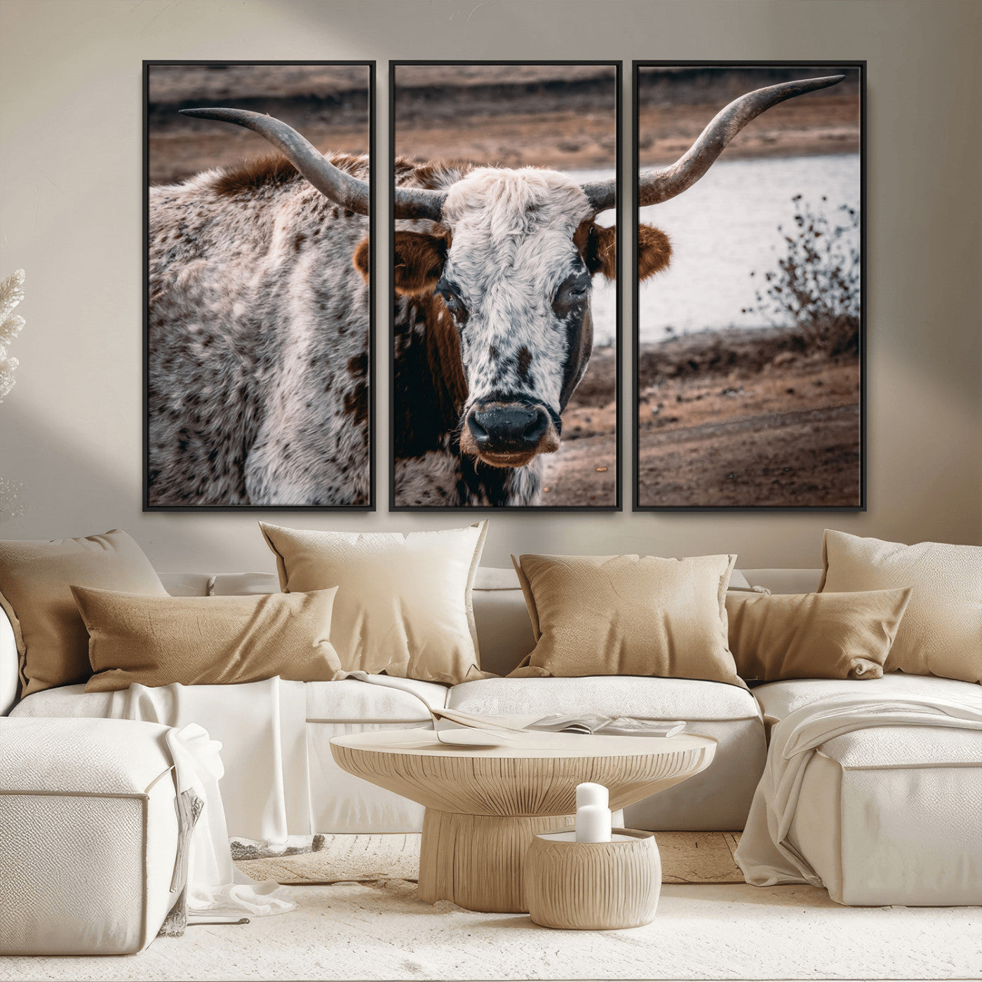 MGV-FC-48X32-3P - Texas Longhorn Wall Art Canvas Print, Framed Spotted Cow Art Picture Print, Horned Cattle Perfect Rustic Western Decor Artwork