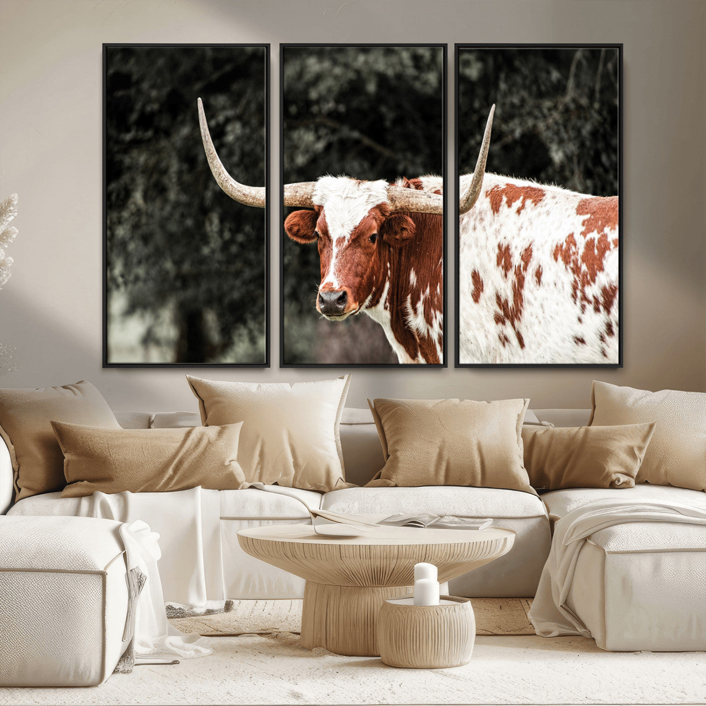 MGV-FC-48X32-3P - Texas Longhorn Wall Art Canvas Print, Framed Spotted Cow Art Picture Print, Horned Bull Perfect Rustic Western Decor Artwork