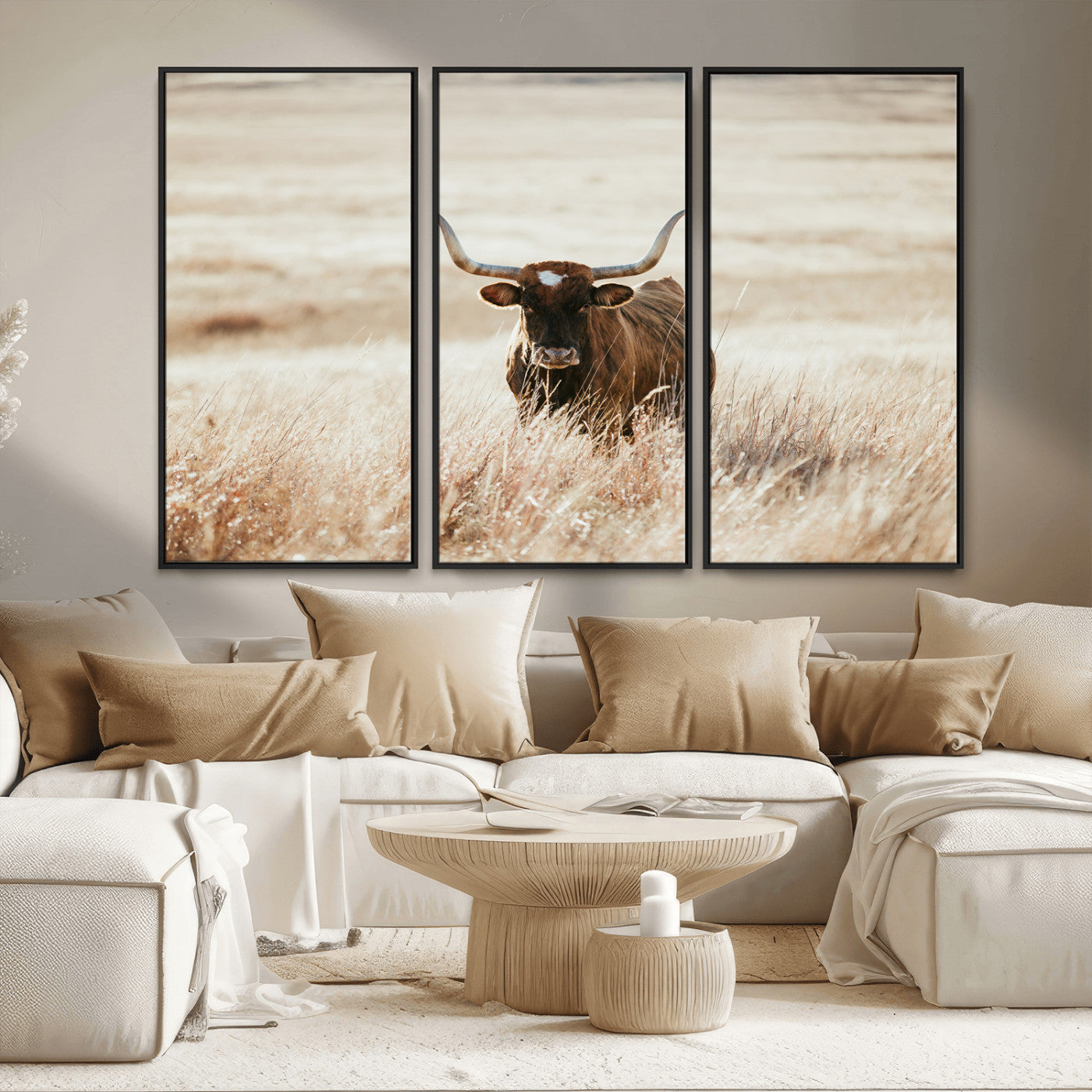 MGV-FC-48X32-3P - Texas Longhorn Wall Art Canvas Print, Framed Brown Cattle Art Picture Print, Horned Bull Perfect Rustic Western Decor Artwork