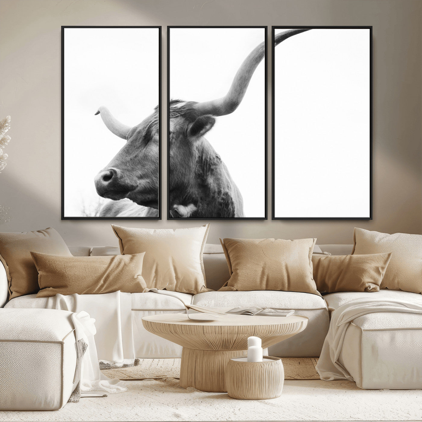 MGV-FC-48X32-3P - Longhorn Wall Art Wall Art Canvas Print, Framed Modern Ranch Style Art Art Picture Print, Monochrome Cow Print Perfect Rustic Western Decor Artwork