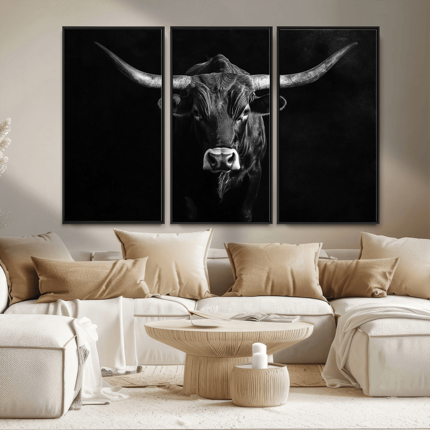 MGV-FC-48X32-3P - Texas Longhorn Wall Art Canvas Print, Framed Monochrome Bull Art Picture Print, Horned Bull Perfect Rustic Western Decor Artwork