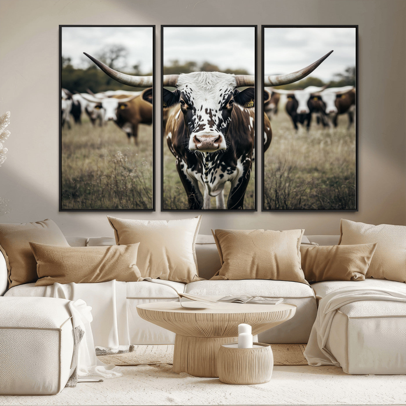 MGV-FC-48X32-3P - Majestic Longhorn Cow Wall Art – Canvas Print of Intricate Fur & Sharp Horns Earthy Tones Serene Landscape, Rustic Charm Decor for Living Room, Office or Bedroom