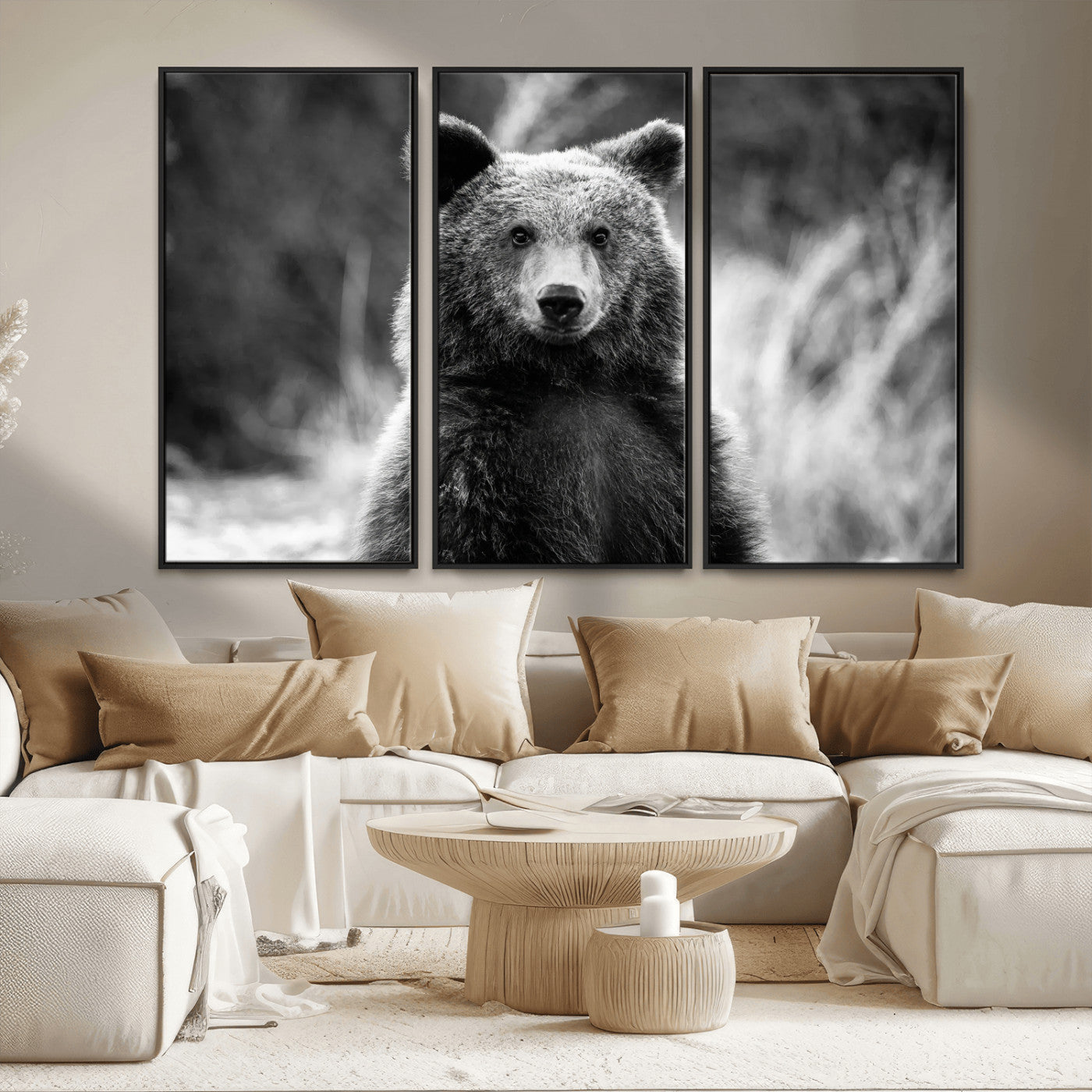 MGV-FC-48X32-3P - Grizzly Bear Wall Art Canvas Print, Framed Black White Bear Art Picture Print, Wild Bear Perfect Rustic Wildlife Decor Artwork