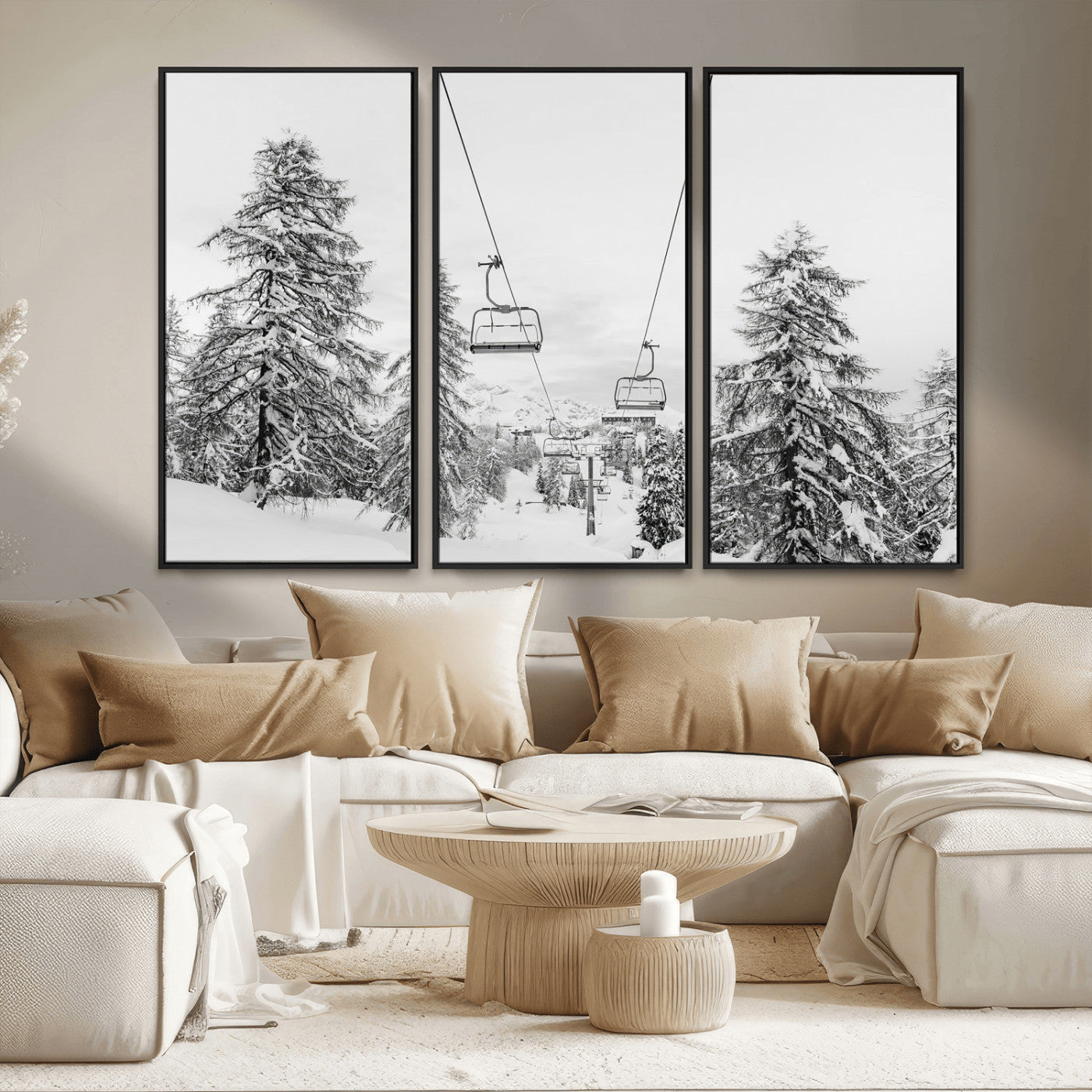 MGV-FC-48X32-3P - Wall Art Canvas Print Winter Chairlift Views Silent Snow-Covered Pines Mountain Calm Serenity Frozen