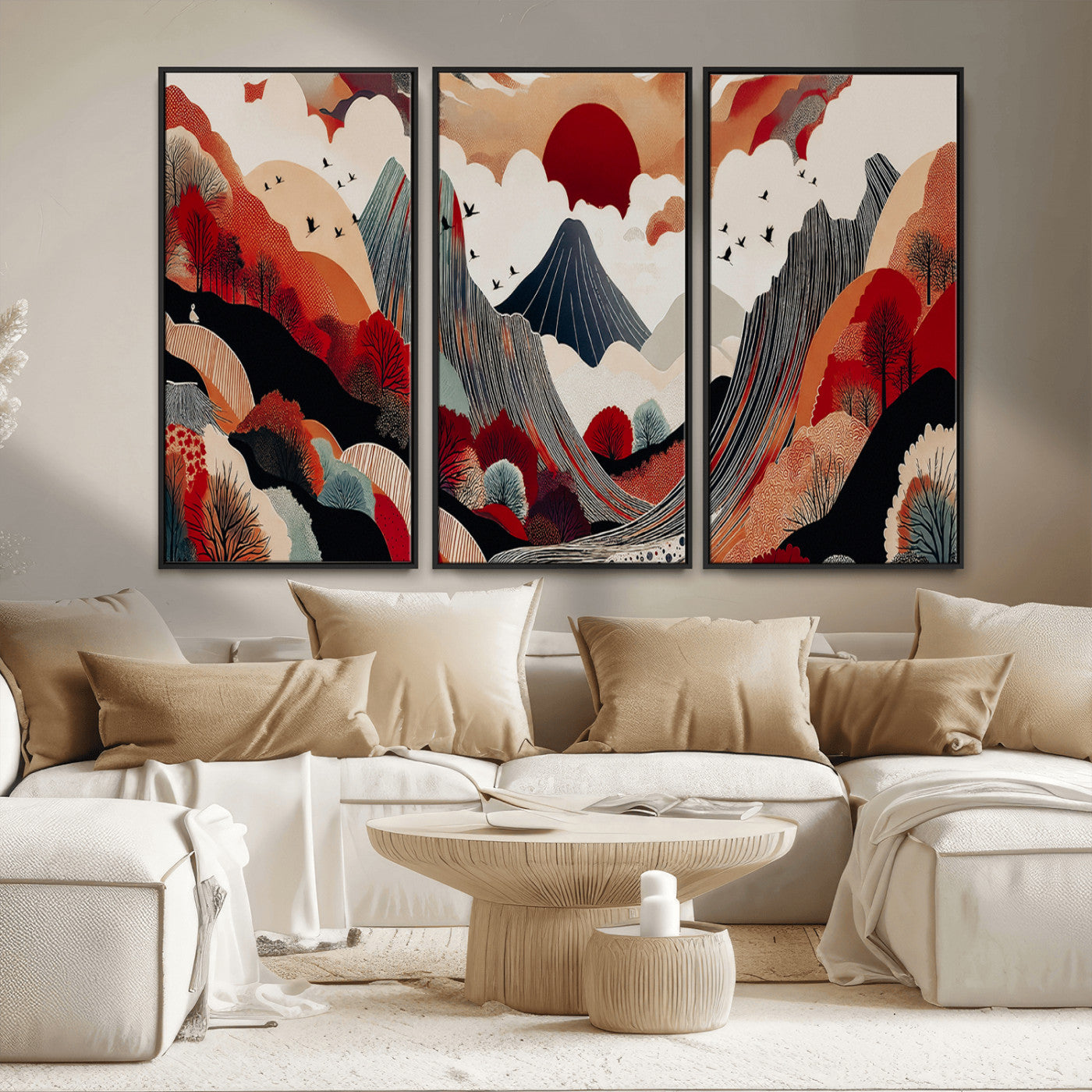 MGV-FC-48X32-3P - Abstract Mountain Wall Art Canvas Print, Framed Vibrant Landscape Art Picture Print, Stylized Nature Drawing Perfect Contemporary Minimalist Decor Artwork