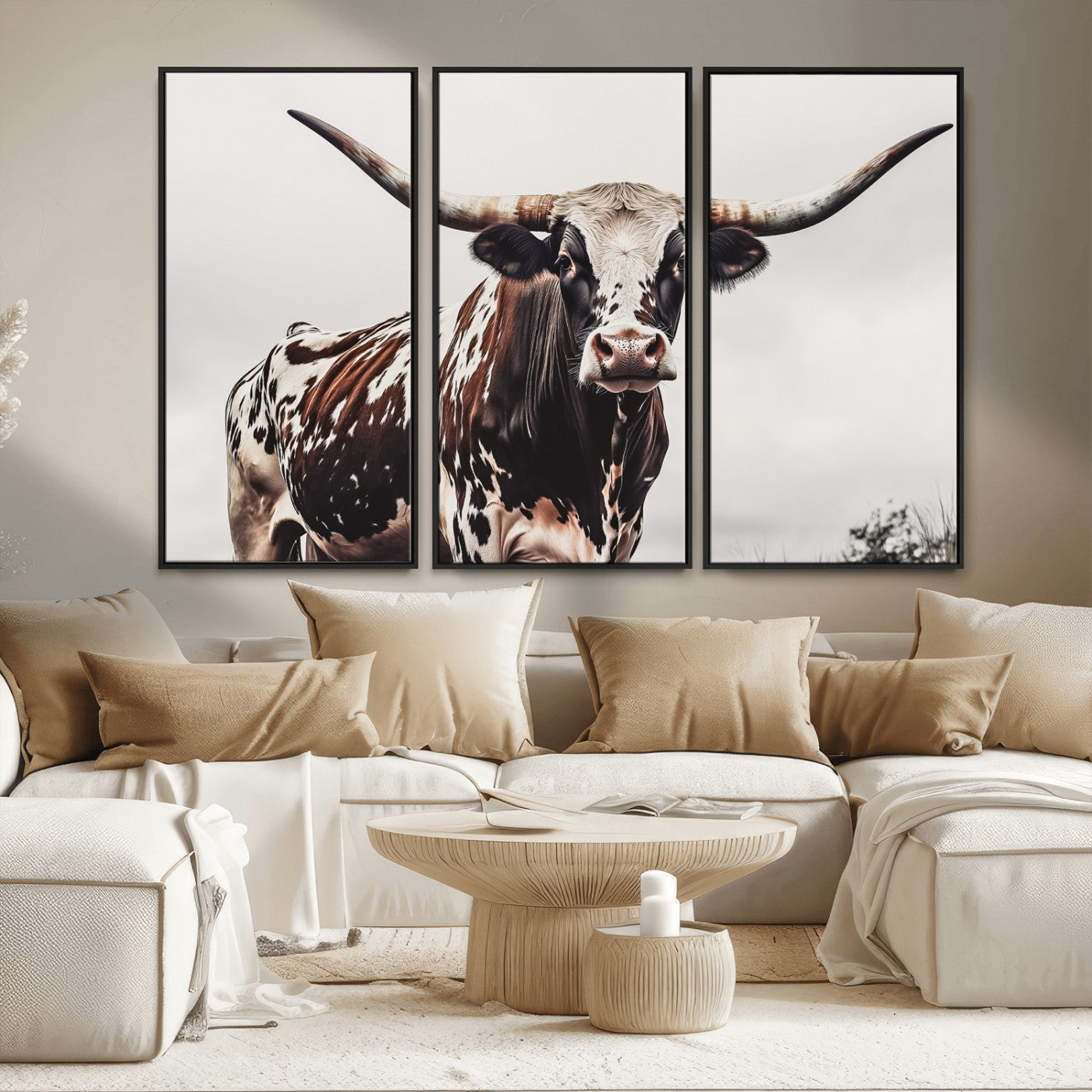 Close-up of a Texas Longhorn bull with powerful horns, perfect for rustic farmhouse or country-themed home decor. Ideal for animal lovers.