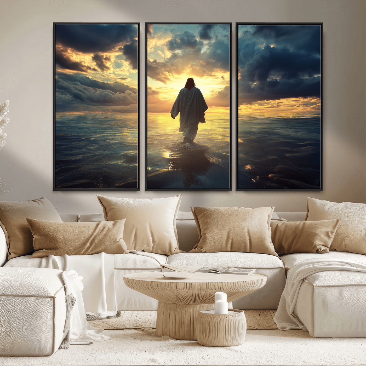 MGV-FC-48X32-3P - Jesus Walks Wall Art Canvas Print, Framed Divine Sunset Art Picture Print, Spiritual Light Perfect Spiritual Tranquil Decor Artwork