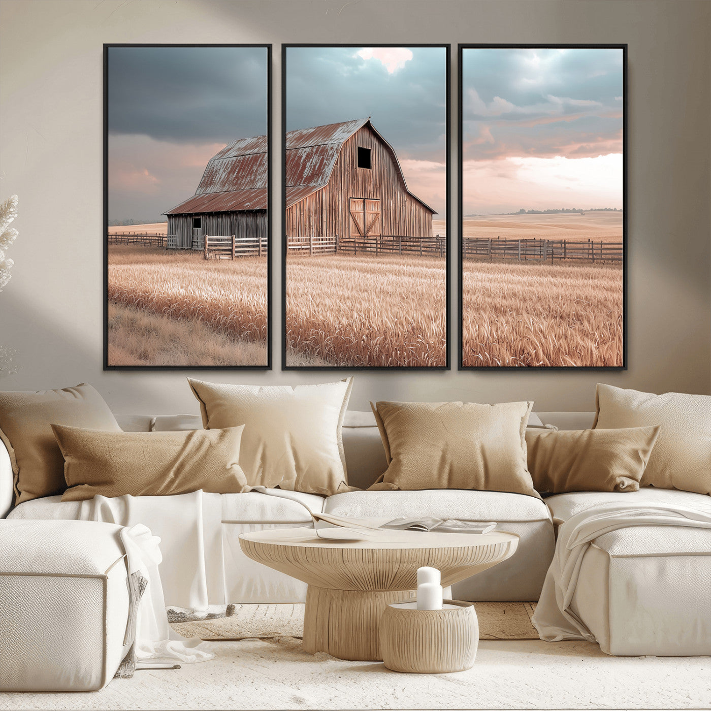 36878364-MGV-FC-48X32-3P_Black-Rustic Barn Wall Art Canvas Print, Framed Wheat Field Art Picture Print, Sunset Barn Perfect Vintage Farmhouse Decor Artwork