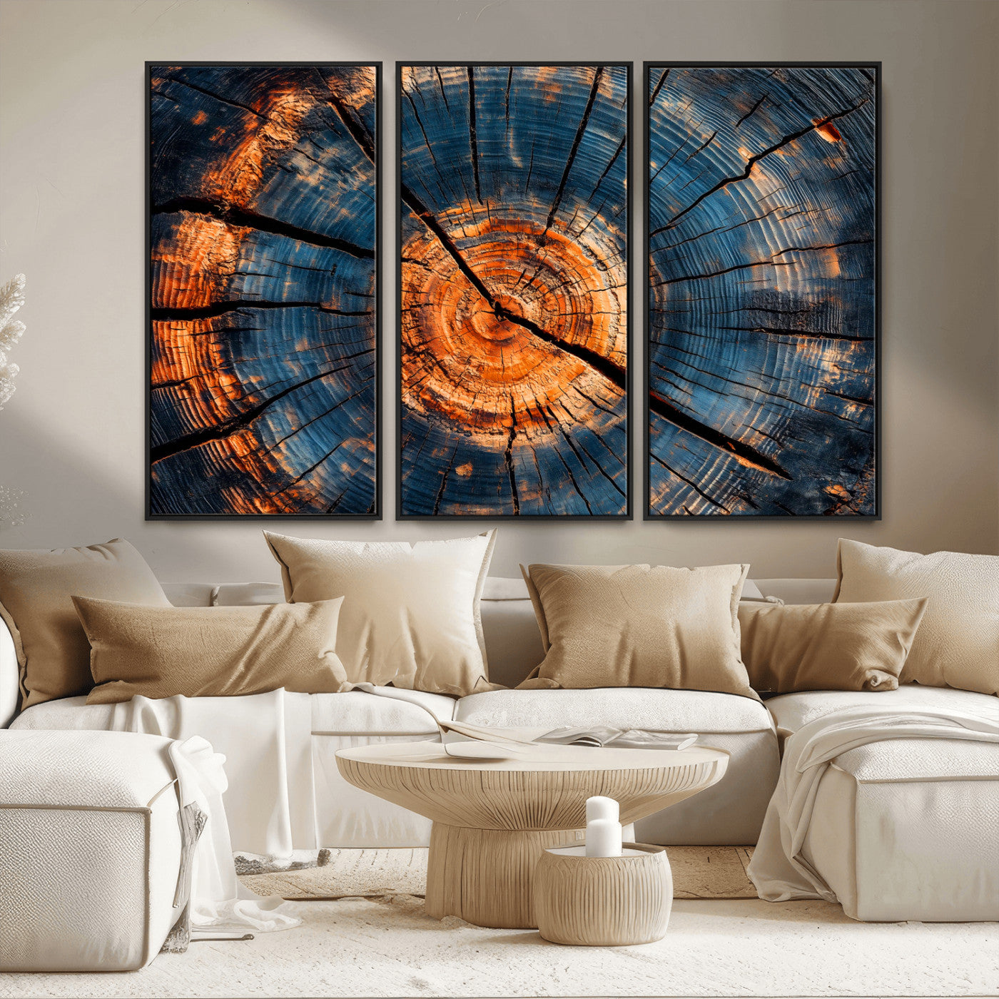 MGV-FC-48X32-3P - Burnt Wood Wall Art Canvas Print, Framed Aged Timber Art Picture Print, Rustic Tree Slice Perfect Rustic Decor Artwork