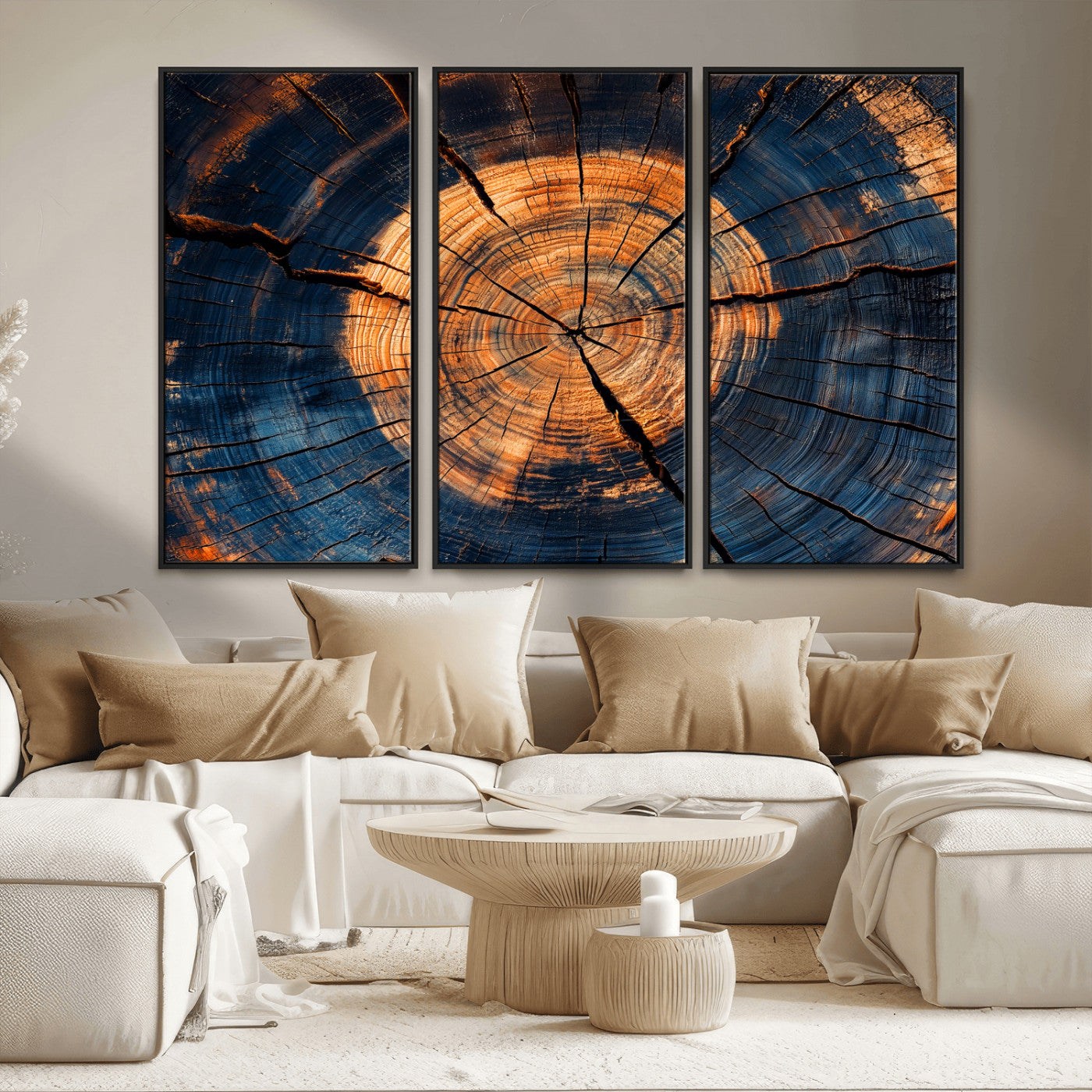 MGV-FC-48X32-3P - Burnt Wood Wall Art Canvas Print, Framed Aged Timber Art Picture Print, Rustic Tree Slice Perfect Rustic Decor Artwork