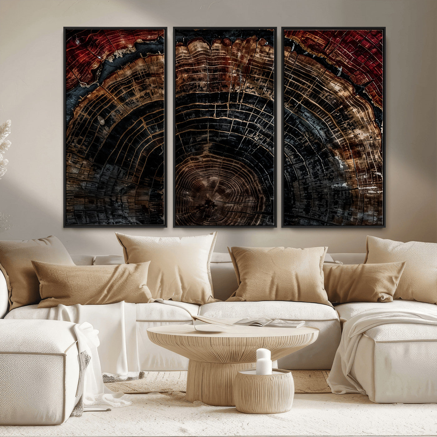 MGV-FC-48X32-3P - Dark Wood Ring Wall Art Canvas Print, Framed Abstract Wood Tree Art Picture Print, Rustic Tree Slice Perfect Rustic Decor Artwork