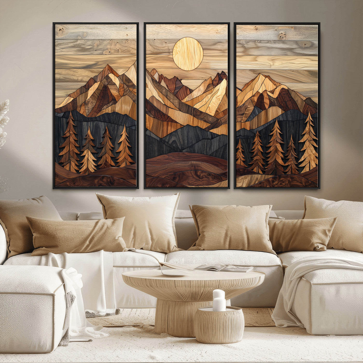 MGV-FC-48X32-3P - Wood Mountain Landscape Wall Art Canvas Print, Framed Sunset Hills Art Picture Print, Abstract Nature Perfect Boho Decor Artwork