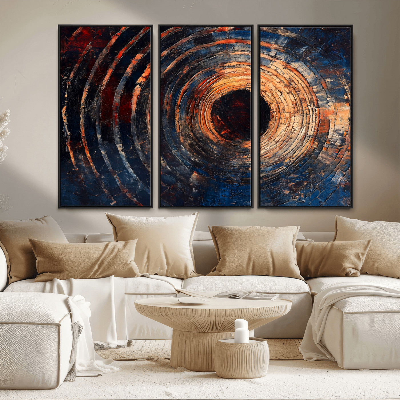 MGV-FC-48X32-3P - Wood Tree Ring Wall Art Canvas Print, Framed Natural Wood Art Picture Print, Rustic Tree Slice Perfect Rustic Decor Artwork
