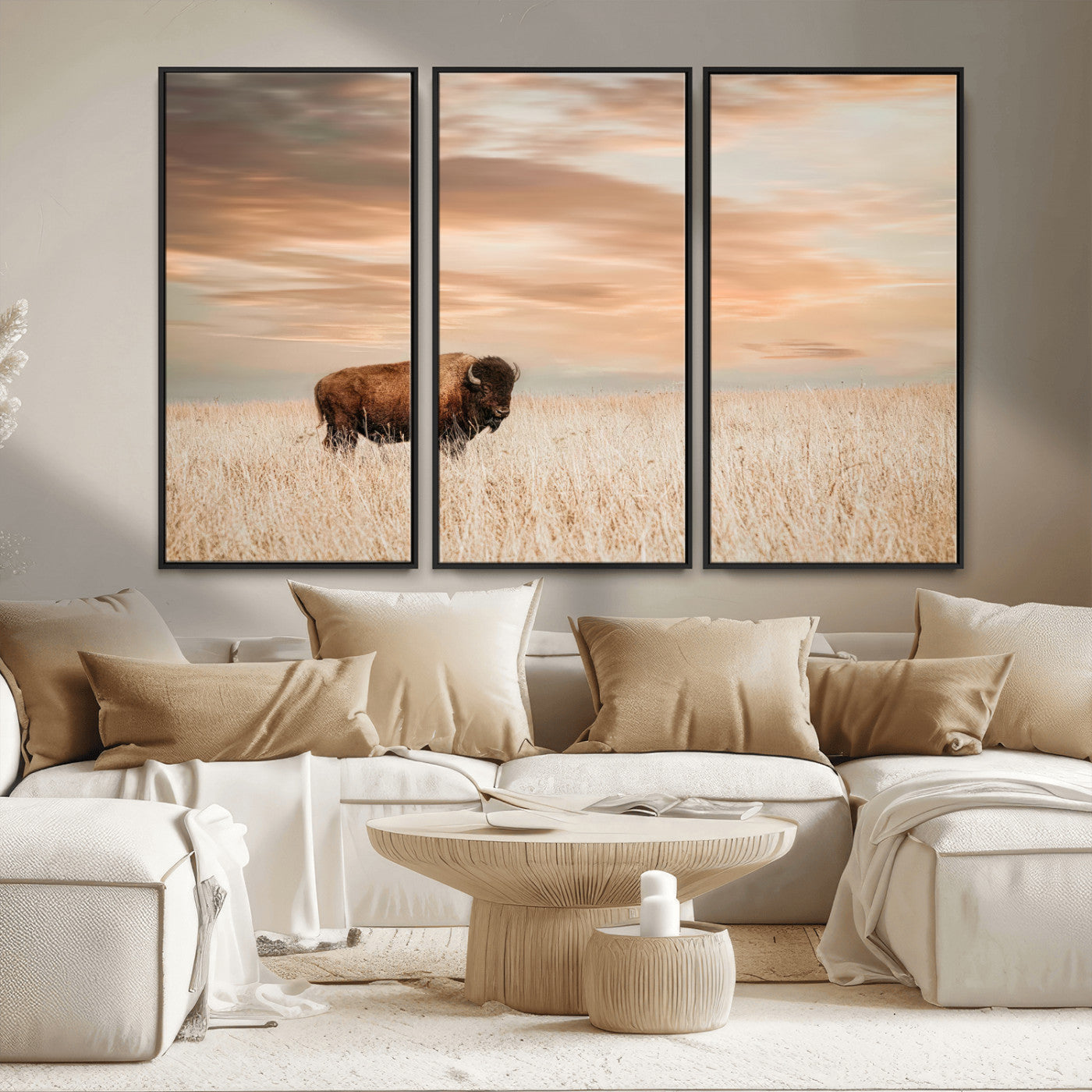 MGV-FC-48X32-3P - Bison Wall Art Canvas Print, Framed Buffalo Art Picture Print, Western Prairie Perfect Rustic Decor Artwork