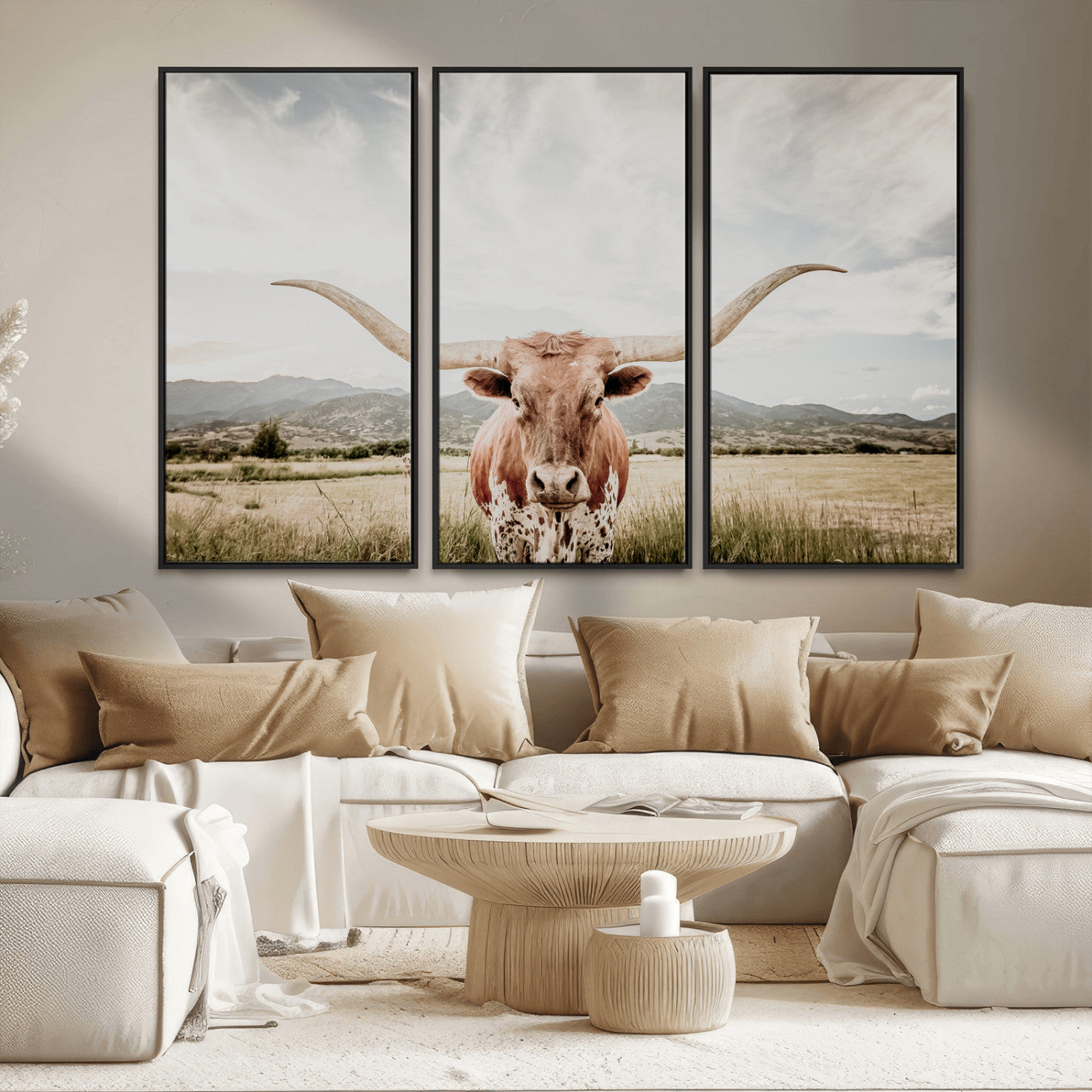 MGV-FC-48X32-3P - Texas Longhorn Wall Art Canvas Print, Framed Western Cow Art Picture Print, Rustic Farmhouse Perfect Farmhouse Decor Artwork