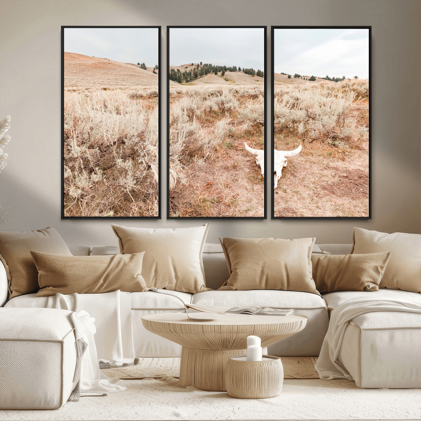 97234735-MGV-CV-36X24 - Desert Skull Wall Art – Arid Landscape & Sagebrush Canvas Print, Rustic Nature and Earth Tones for Living Room or Minimalist Decor