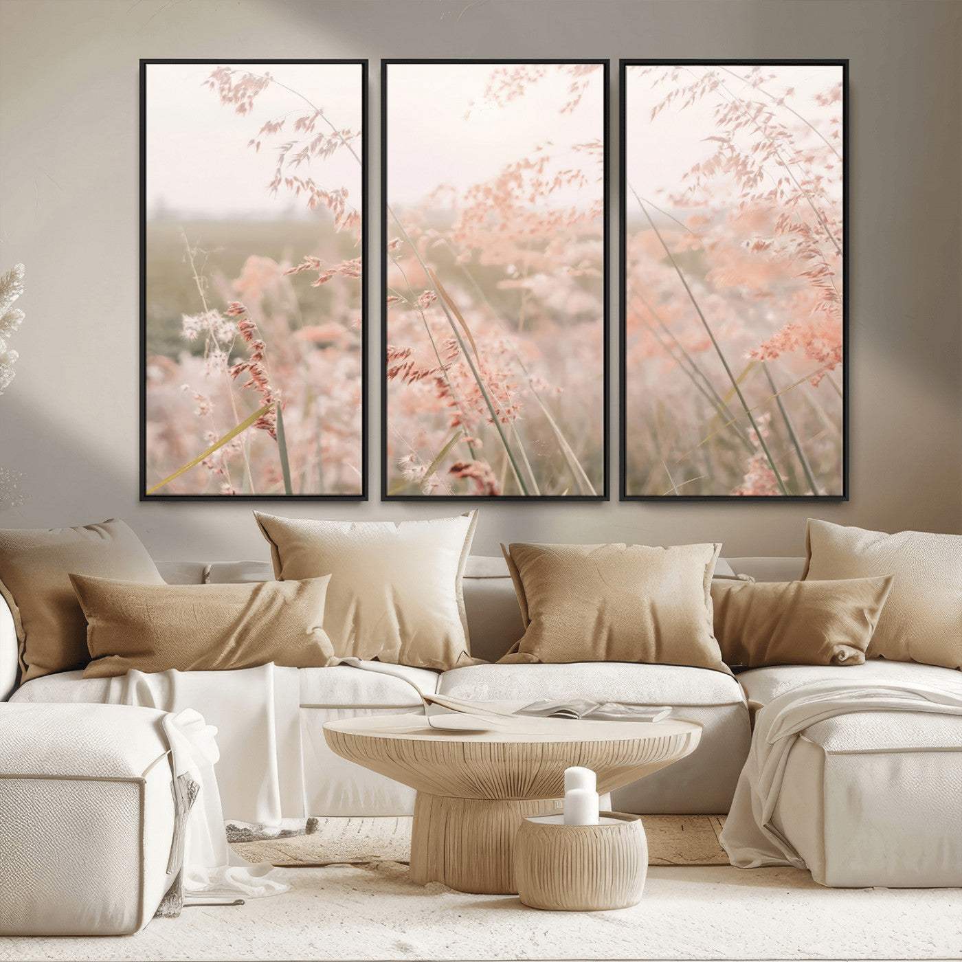 MGV-FC-48X32-3P - Pastel Grasses Wall Art Canvas Print, Framed Soft Meadow Art Picture Print, Field in Breeze Perfect Soft Pastel Minimal Decor Artwork