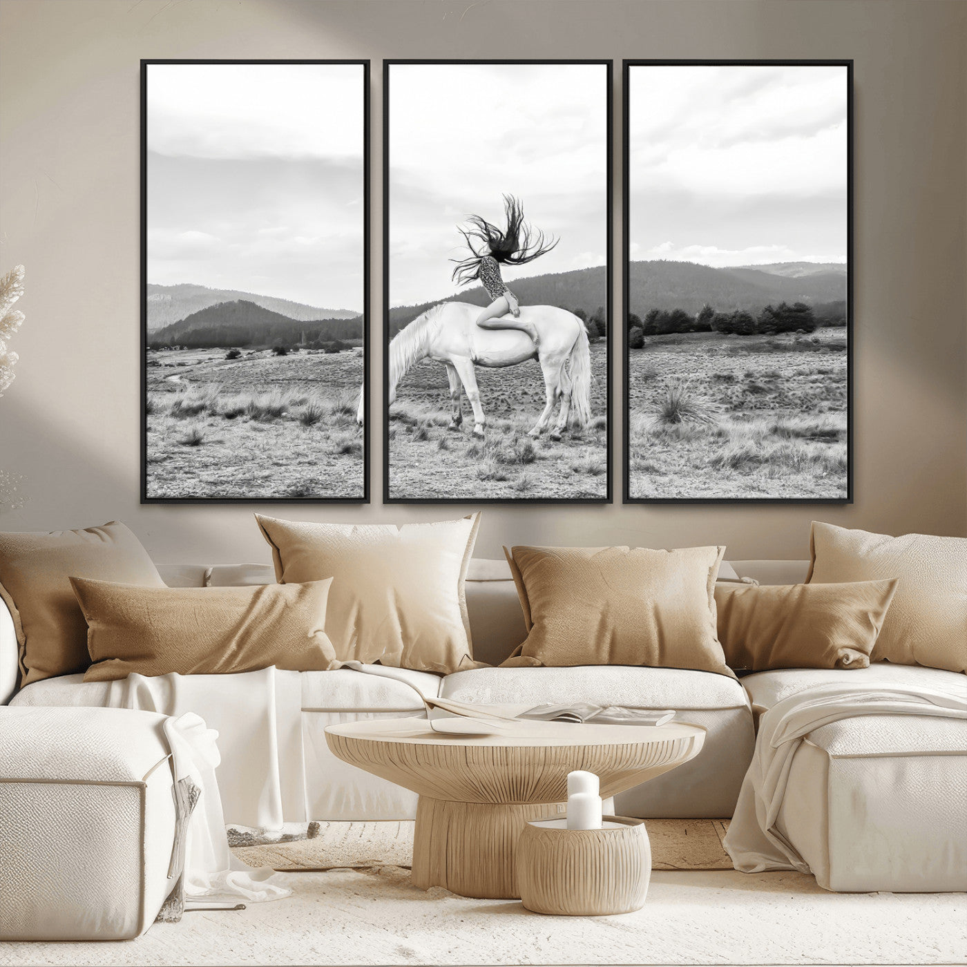 MGV-FC-48X32-3P - White Horse Wall Art Canvas Print, Framed Woman Rider Art Picture Print, Equestrian Pose Perfect Western Boho Decor Artwork