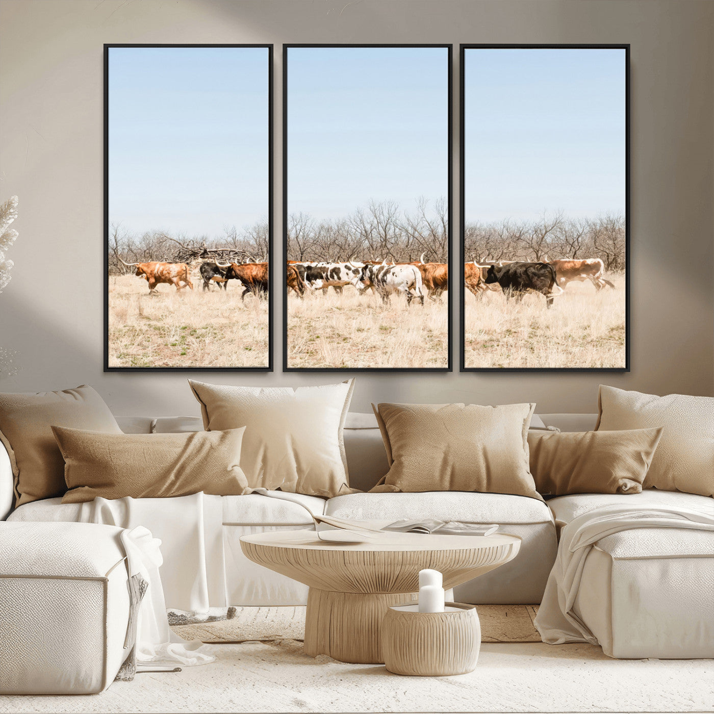 MGV-FC-48X32-3P - Texas Longhorns Wall Art Canvas Print, Framed Western Cattles Art Picture Print, Rustic Herd Perfect Rustic Farmhouse Decor Artwork