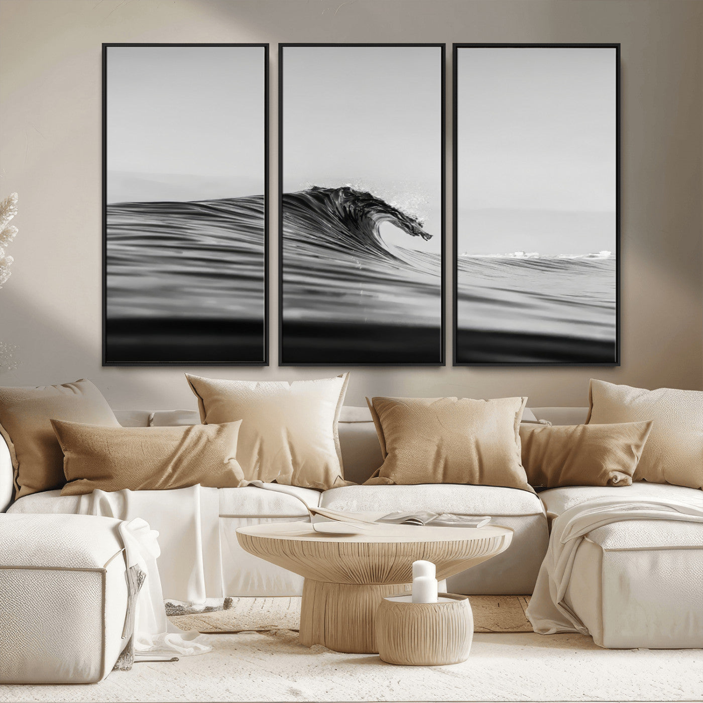 MGV-FC-48X32-3P - Black Wave Wall Art Canvas Print, Framed Abstract Surf Art Picture Print, Minimalist Ocean Perfect Minimalist Coastal Decor Artwork