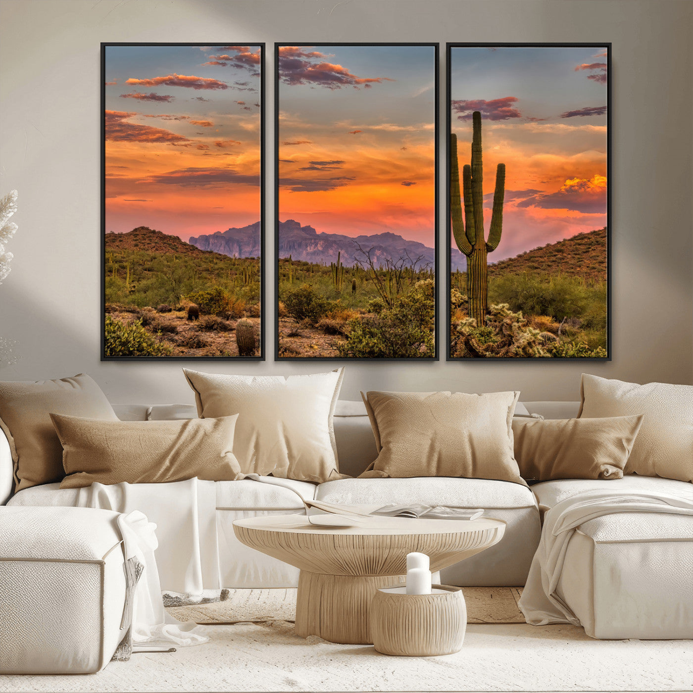 MGV-FC-48X32-3P - Saguaro Cactus Wall Art Canvas Print, Framed Arizona Sunset Art Picture Print, Sonoran Desert Perfect Southwestern Boho Decor Artwork