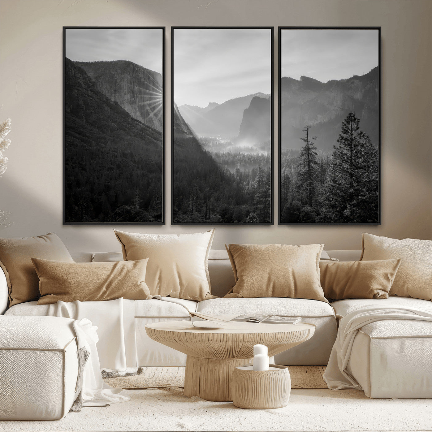MGV-FC-48X32-3P - Yosemite Valley Wall Art Canvas Print, Framed El Capitan Sunrise Art Picture Print, Misty Mountain Perfect Modern Rustic Decor Artwork