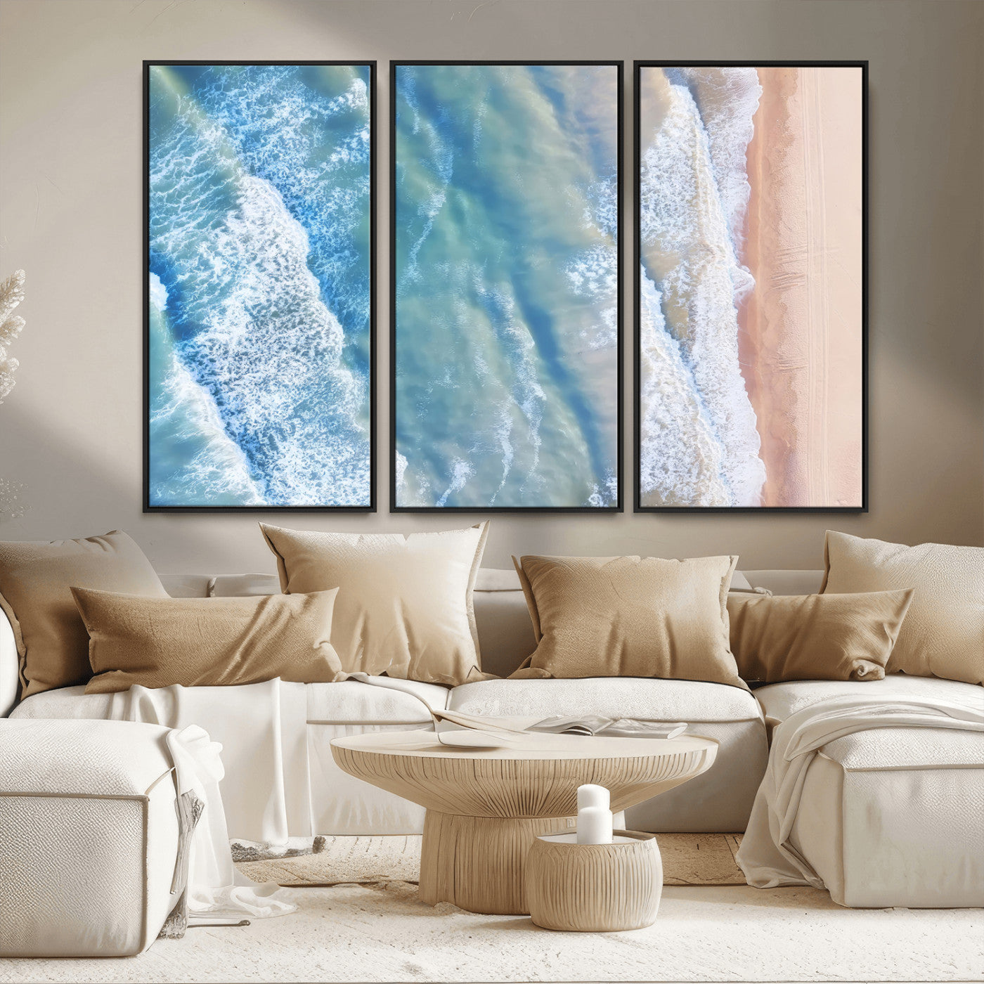 MGV-FC-48X32-3P - Aerial Ocean View Wall Art Canvas Print, Framed Soft Blue Waves Art Picture Print, Sandy Shoreline Perfect Modern Coastal Decor Artwork