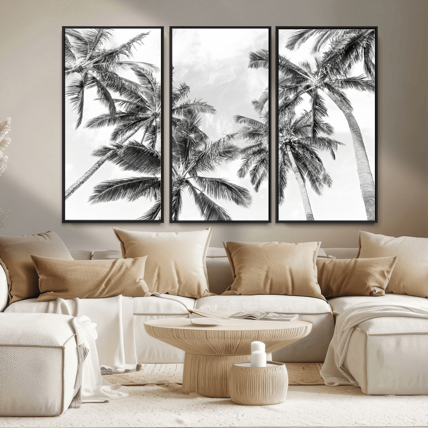 MGV-FC-48X32-3P - Black White Palm Wall Art Canvas Print, Framed Monochrome Tropics Art Picture Print, Minimalist Beach Perfect Coastal Minimalist Decor Artwork