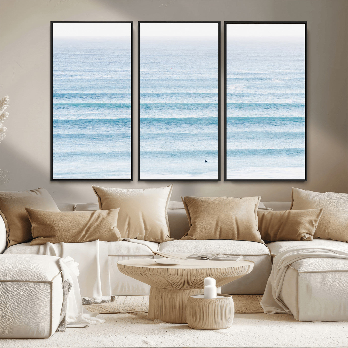 77145995-MGV-FC-48X32-3P_Black-Ocean Wave Surfer Wall Art – Framed Minimal Seascape Canvas Artwork, Calm Blue Water Design, Coastal Decor for Home, Office