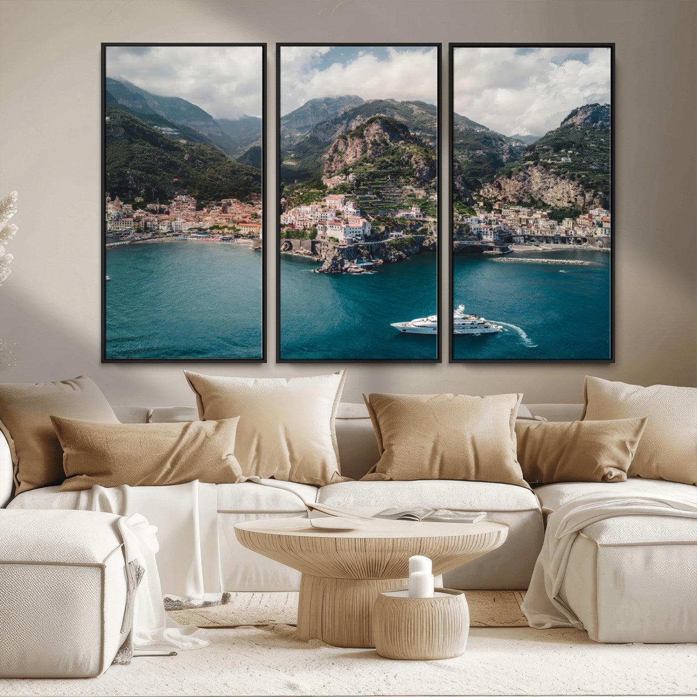20321590-MGV-FC-48X32-3P_Black-Amalfi Coast Wall Art – Framed Italian Seaside Canvas Artwork, Mediterranean Landscape Design, Coastal Decor for Home, Office