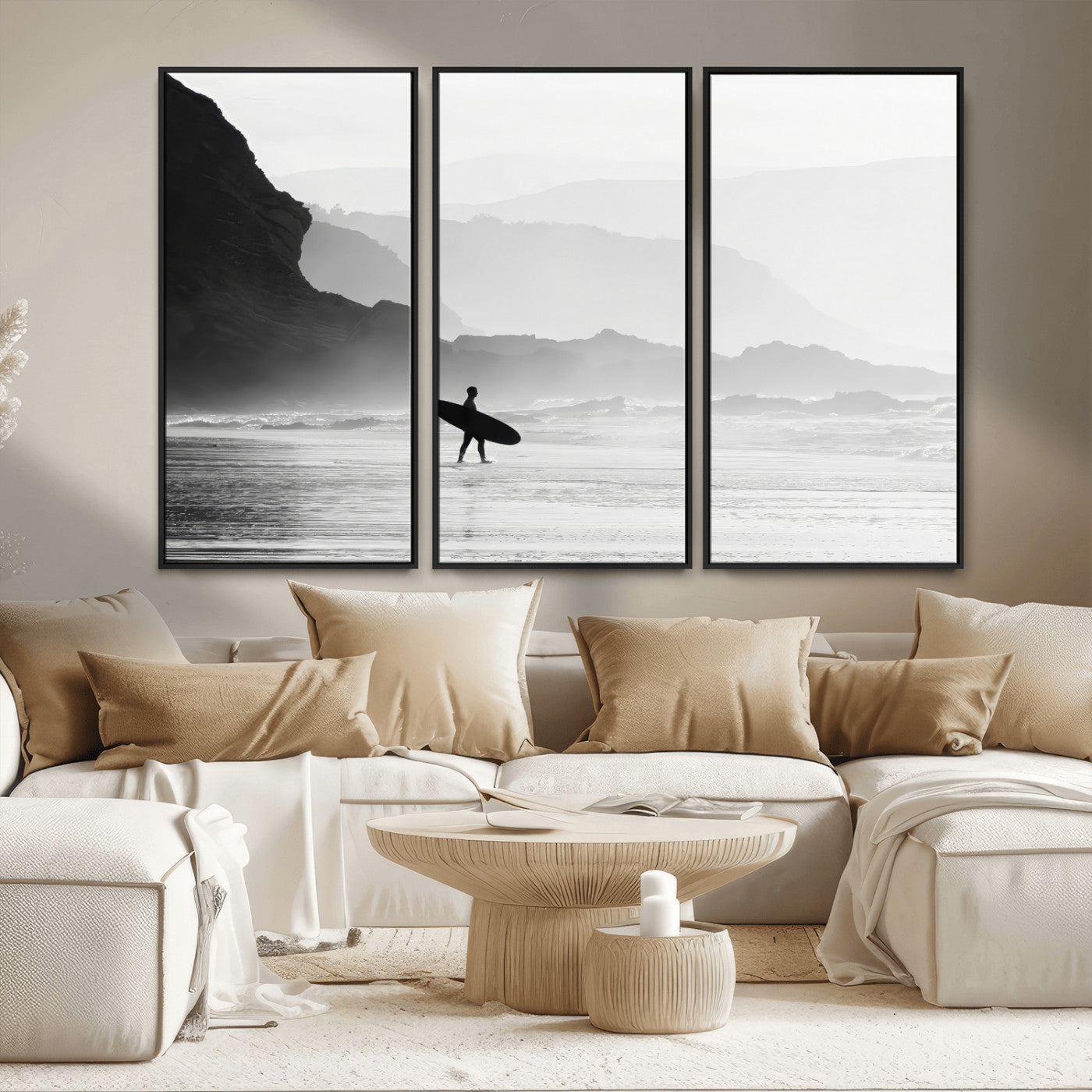 MGV-FC-48X32-3P - Surfer In Fog Wall Art Canvas Print, Framed Moody Shoreline Art Picture Print, Cliffside Waves Perfect Minimalist Coastal Decor Artwork