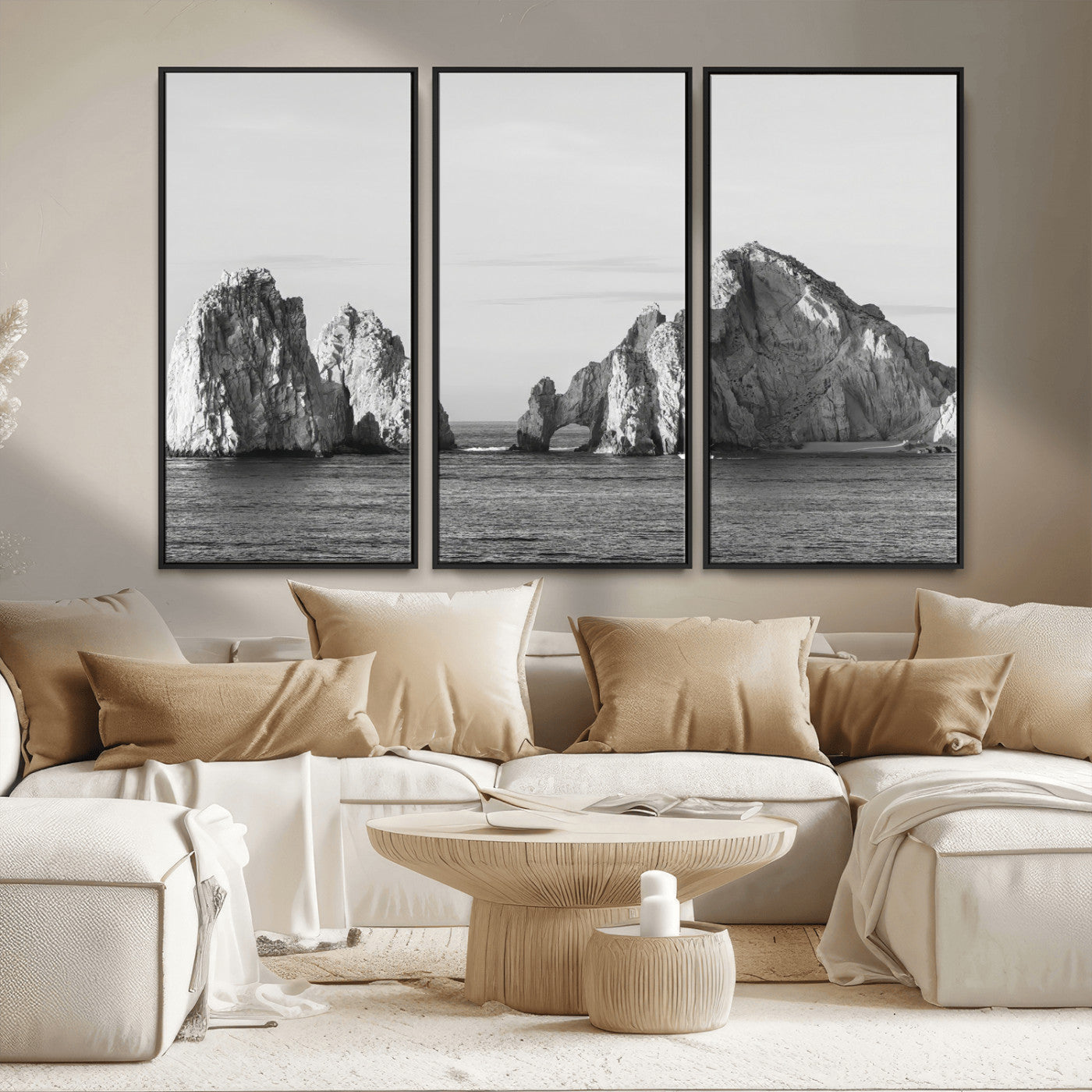MGV-FC-48X32-3P - Rugged Coastline Wall Art Canvas Print, Framed Ocean Cliffs Art Picture Print, Monochrome Seascape Perfect Coastal Minimalist Decor Artwork
