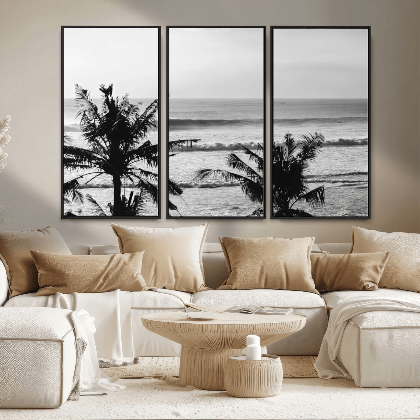 17508038-MGV-CV-36X24-Tropical Coastline Wall Art Canvas Print – Framed Palm Trees Scene with Ocean Waves Artwork for Home, Office