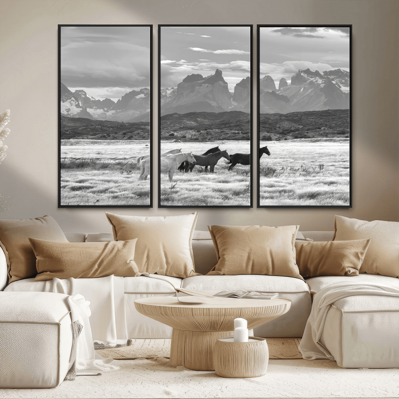 MGV-FC-48X32-3P - Wild Horses Wall Art Canvas Print, Framed Black White Mountains Art Picture Print, Rustic Countryside Perfect Rustic Western Decor Artwork