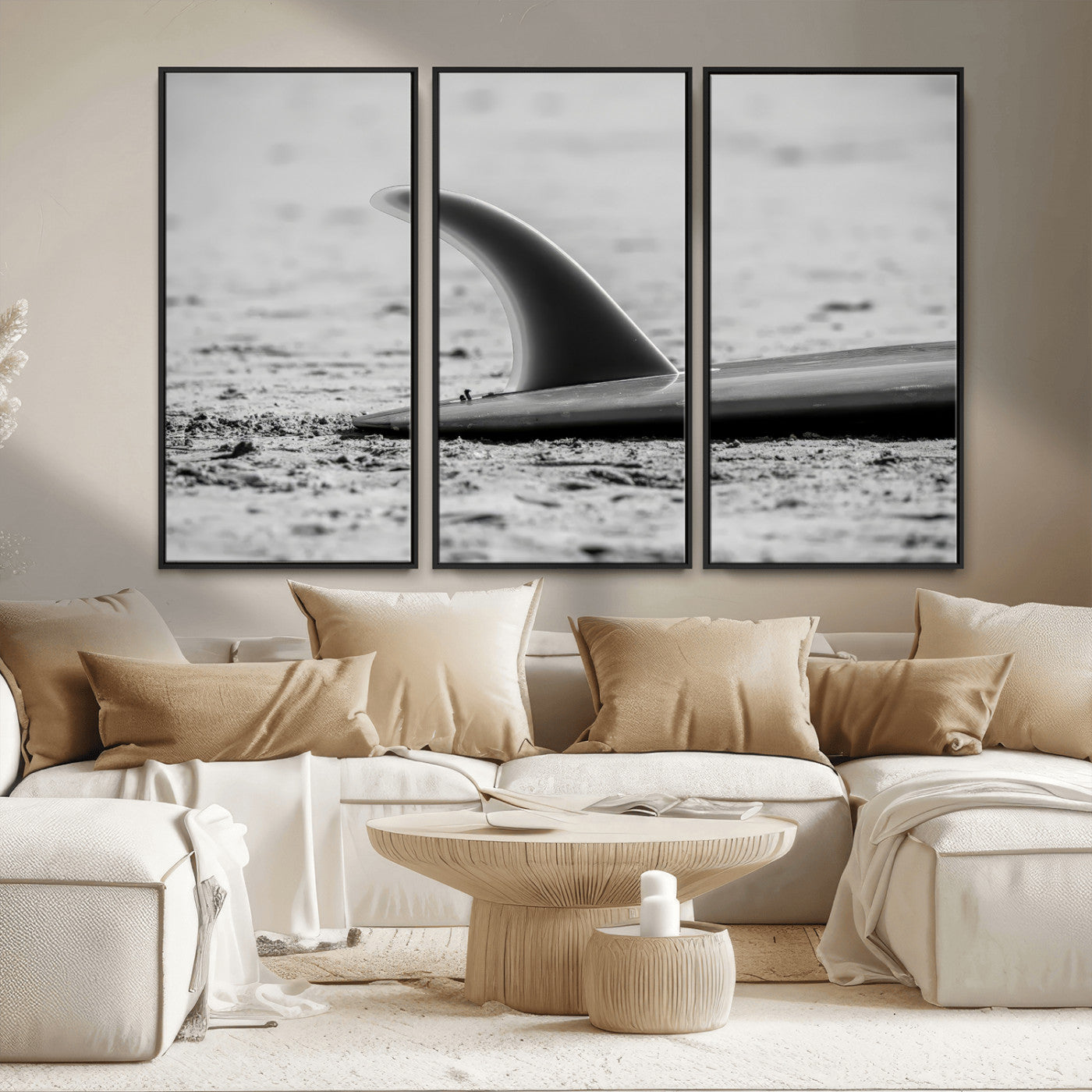 MGV-FC-48X32-3P - Black White Surfboard Wall Art Canvas Print, Framed Minimalist Beach Art Picture Print, Surf Fin Perfect Minimalist Coastal Decor Artwork