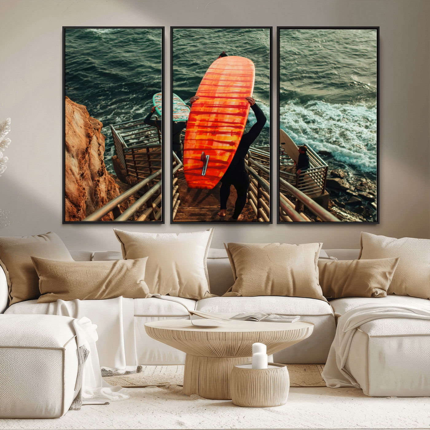 MGV-FC-48X32-3P - Surfer Stairway Wall Art Canvas Print, Framed Ocean Surf Art Picture Print, Sunset Coastal Perfect Coastal Adventure Decor Artwork