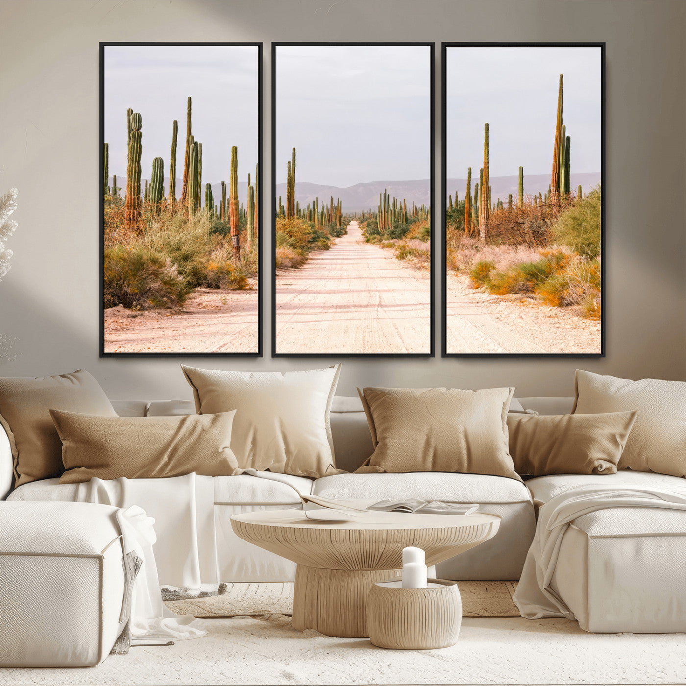 MGV-FC-48X32-3P - Desert Cactus Lined Road Wall Art Canvas Print, Framed Southwestern Landscape Art Picture Print, Bohemian Western Aesthetic Perfect Southwestern Boho Decor Artwork