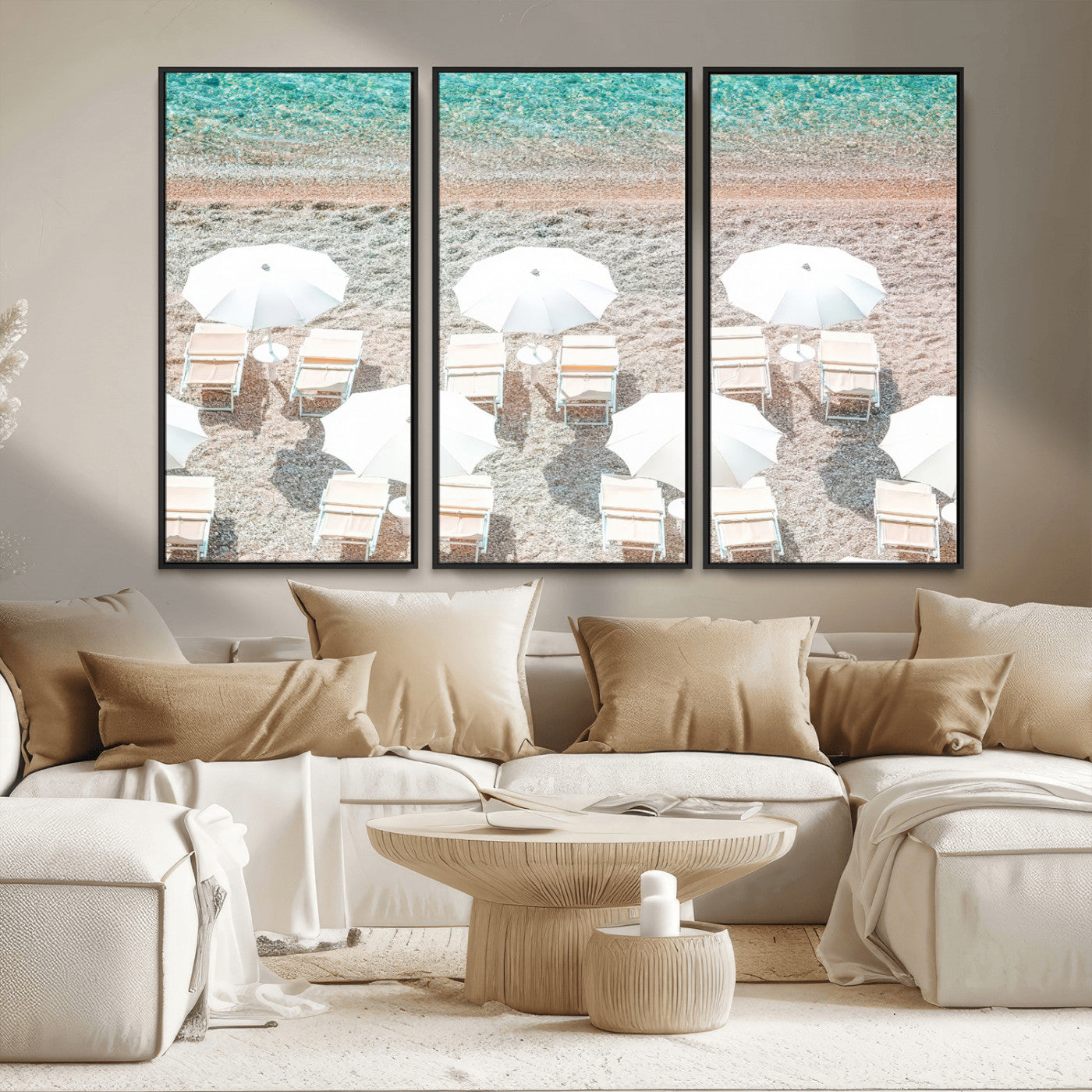 MGV-FC-48X32-3P - Calm Beach Wall Art Canvas Print, Framed Turquoise Water Art Picture Print, Umbrella Shoreline Perfect Coastal Minimalist Decor Artwork