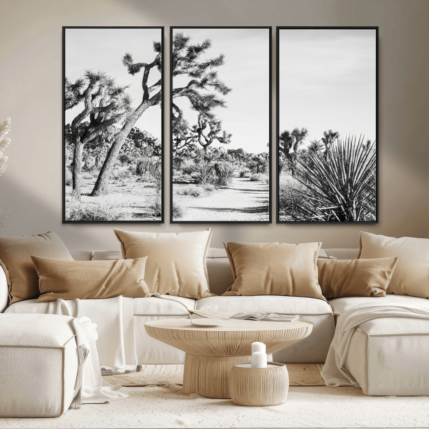 MGV-FC-48X32-3P - Joshua Tree Wall Art Canvas Print, Framed Desert Path Art Picture Print, Monochrome Desert Perfect Minimalist Desert Decor Artwork
