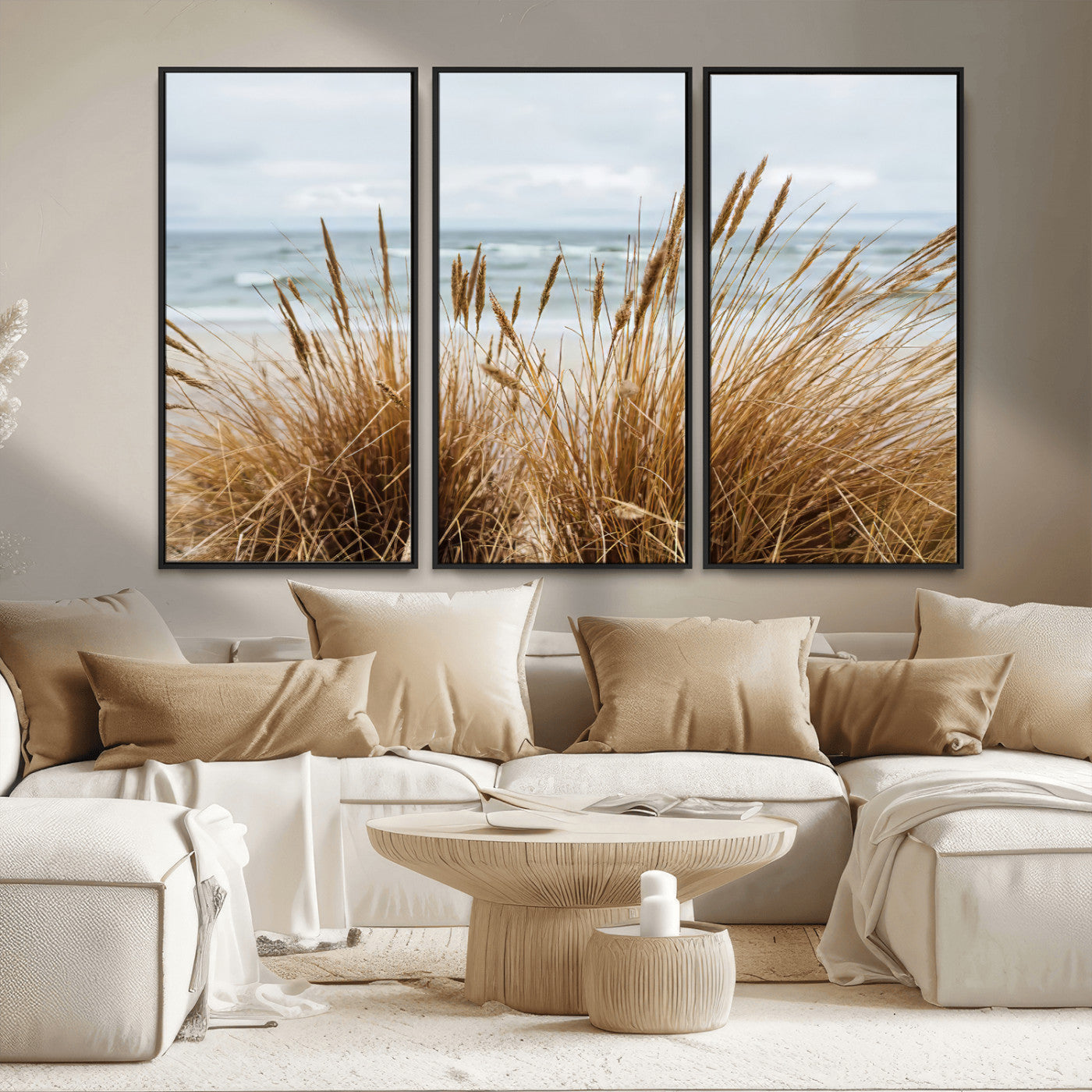 MGV-FC-48X32-3P - Beach Grass Wall Art Canvas Print, Framed Coastal Dunes Art Picture Print, Dune Grass Perfect Coastal Minimalist Decor Artwork