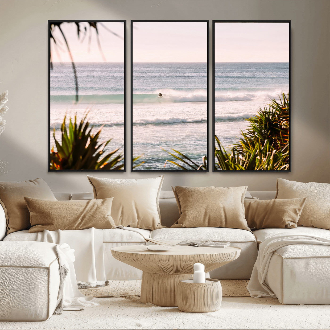 MGV-FC-48X32-3P - Ocean Surfer Wall Art Canvas Print, Framed Coastal Surf Art Picture Print, Tropical Beach Perfect Tropical Coastal Decor Artwork