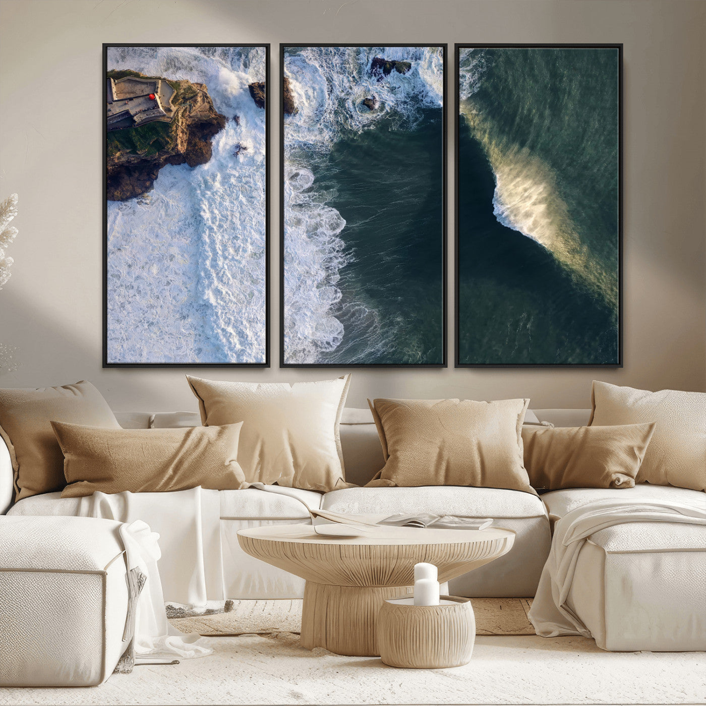 MGV-FC-48X32-3P - Nazaré Coast Wall Art Canvas Print, Framed Aerial Ocean Art Picture Print, Coastal Fortress Perfect Dramatic Coastal Decor Artwork