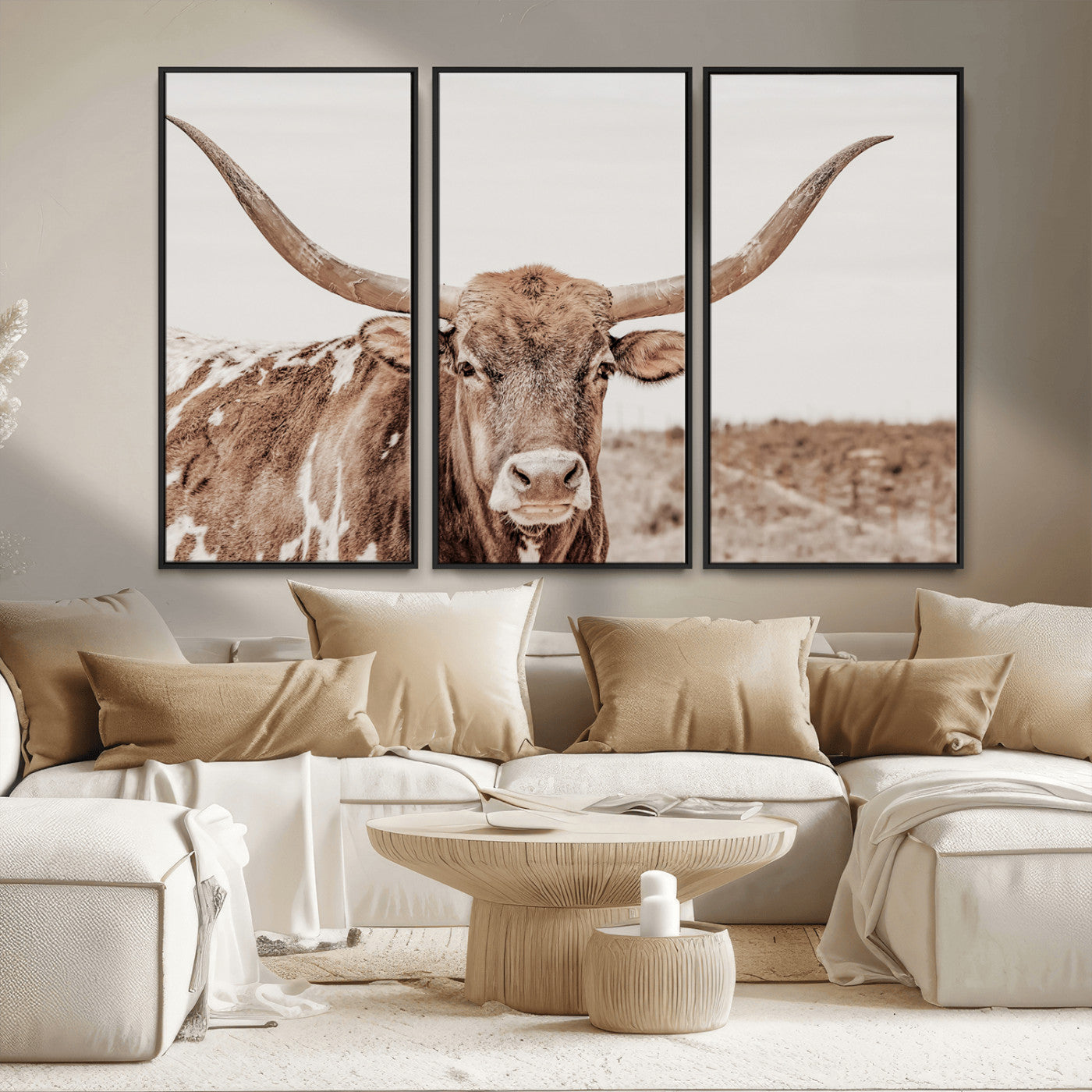 MGV-FC-48X32-3P - Longhorn Cow Wall Art Canvas Print, Framed Texas Ranch Art Picture Print, Western Bull Perfect County Decor Artwork