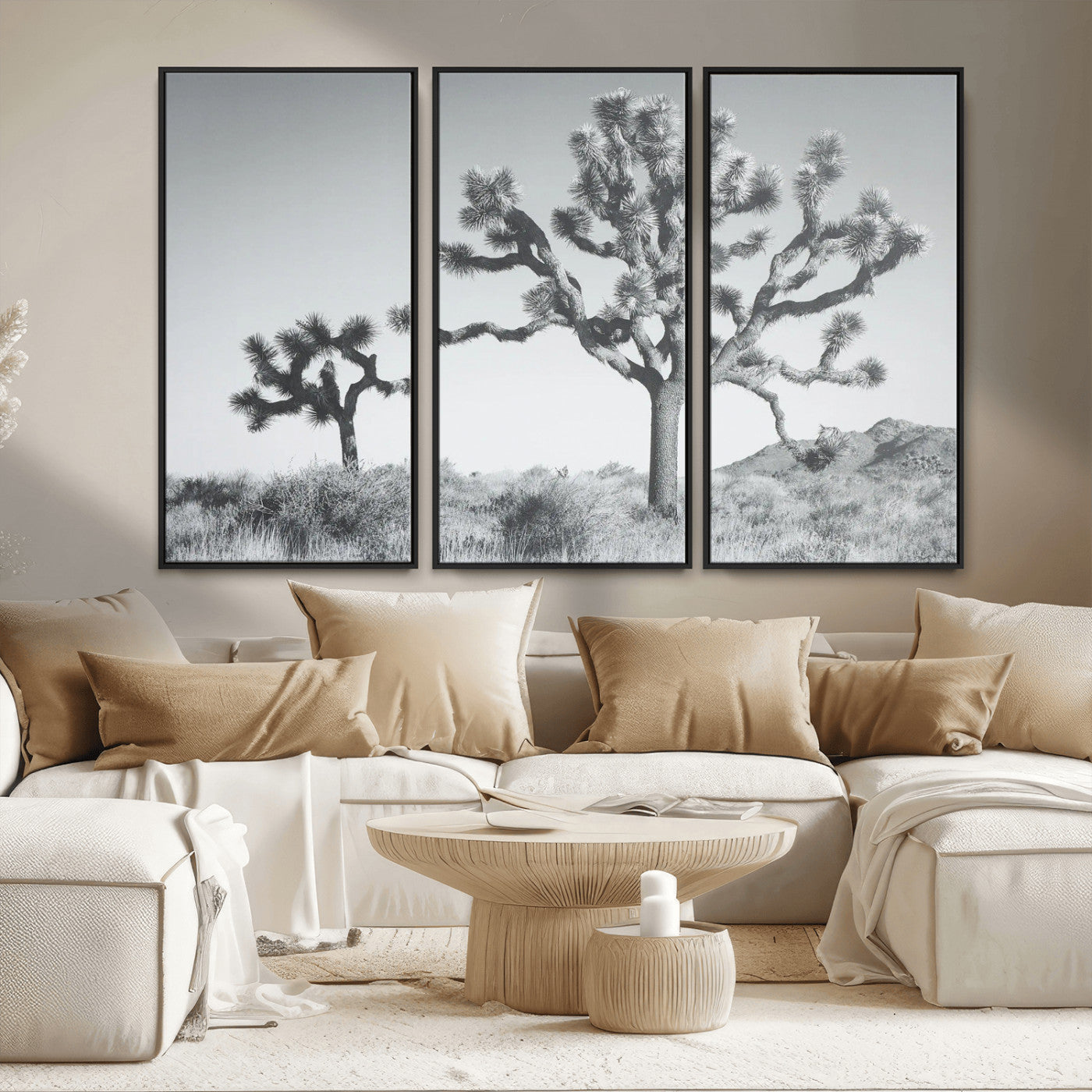 MGV-FC-48X32-3P - Joshua Tree Wall Art Canvas Print, Framed Black White Landscape Art Picture Print, Desert Tree Decor Perfect Southwestern Decor Artwork