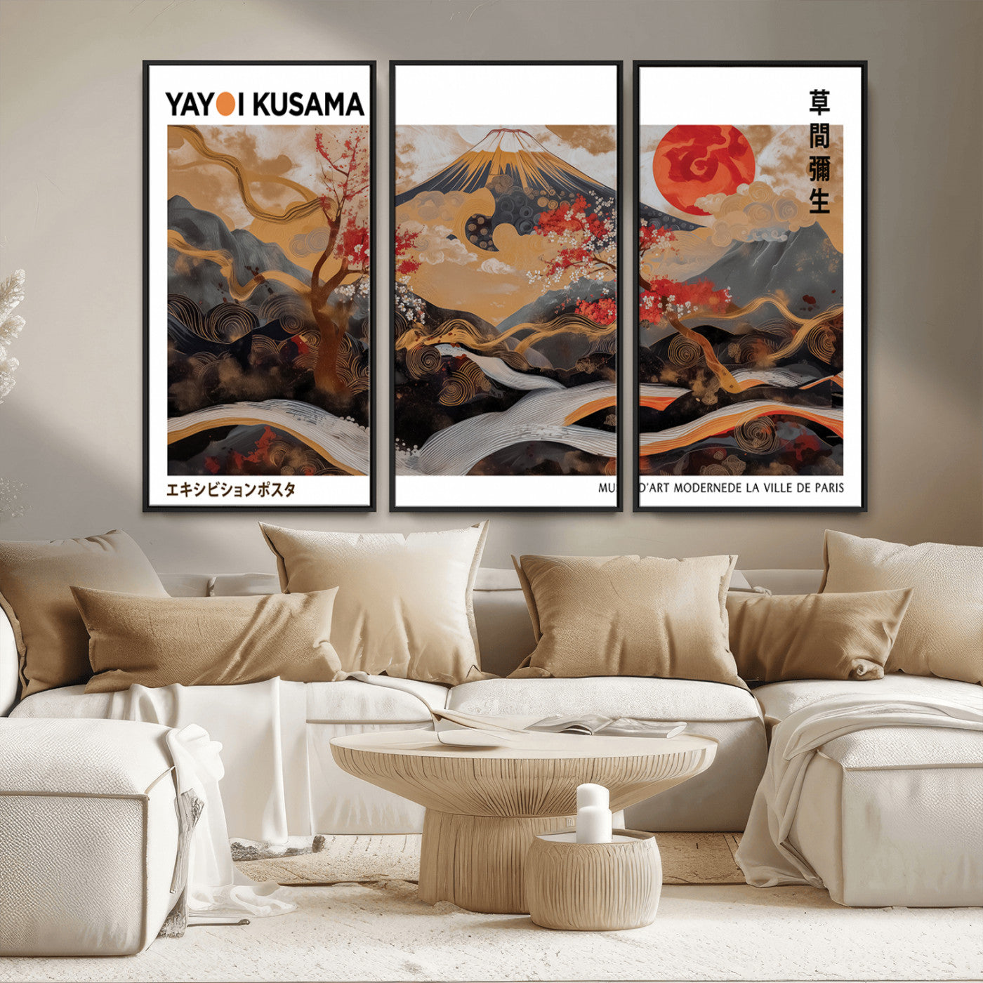 MGV-FC-48X32-3P - Modern Japanese Wall Art Print Yayoi Kusama Canvas Wall Art Abstract Mount Fuji Canvas Print
