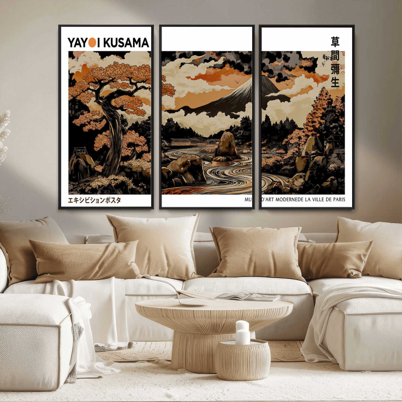 MGV-FC-48X32-3P - Modern Japanese Wall Art Print Yayoi Kusama Canvas Wall Art Abstract Mount Fuji Canvas Print