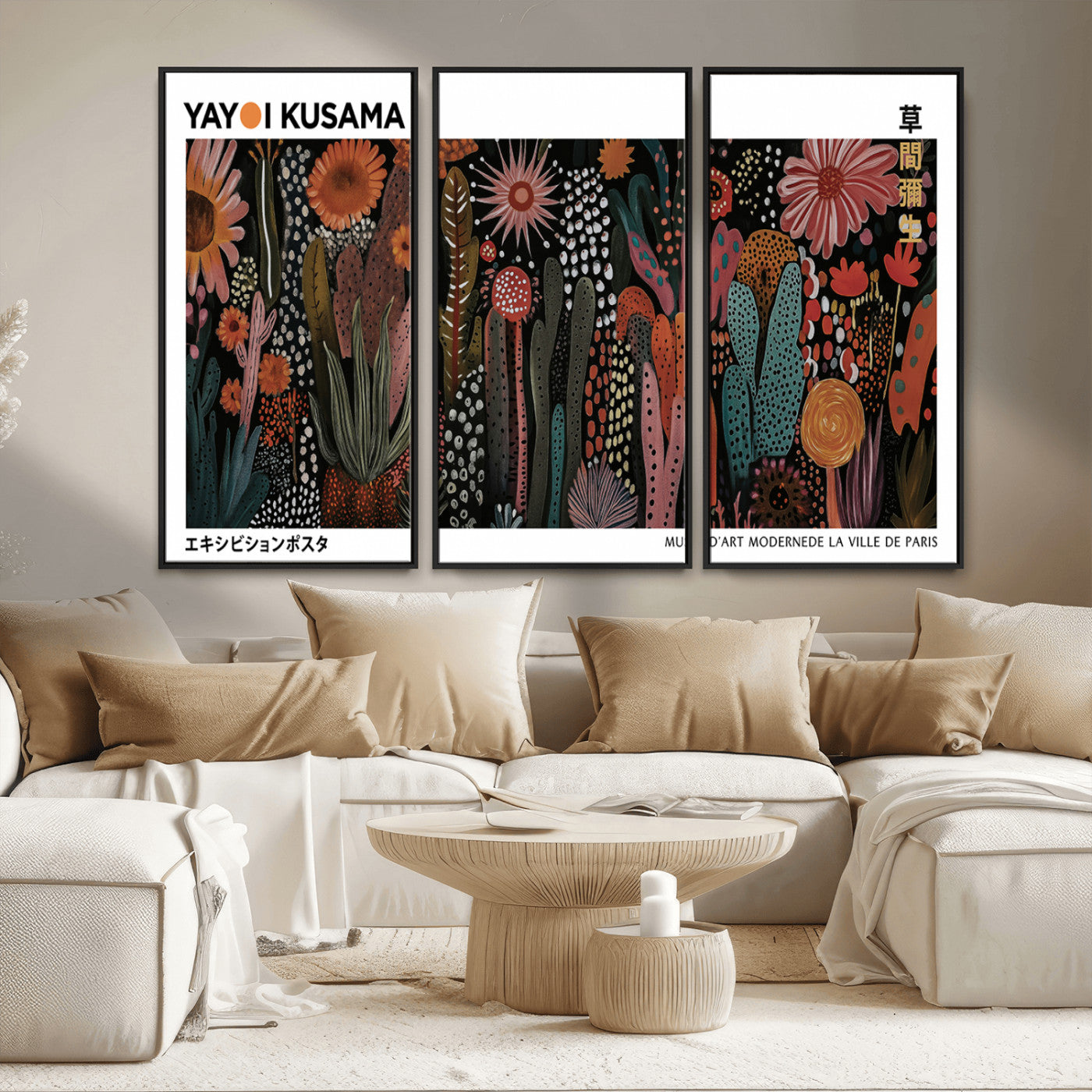 MGV-FC-48X32-3P - Modern Japanese Wall Art Print, Framed Yayoi Kusama Artwork, Abstract Mount Fuji Canvas Print,