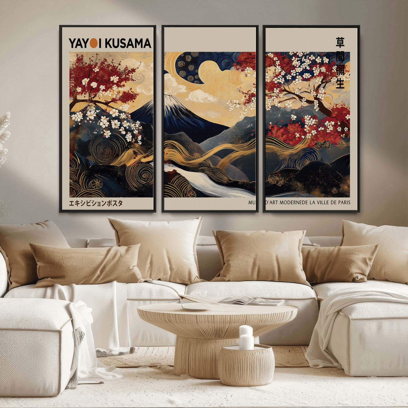 MGV-FC-48X32-3P - Modern Japanese Wall Art, Yayoi Kusama Japanese Print Wall Art, Abstract Mount Fuji Canvas Print,